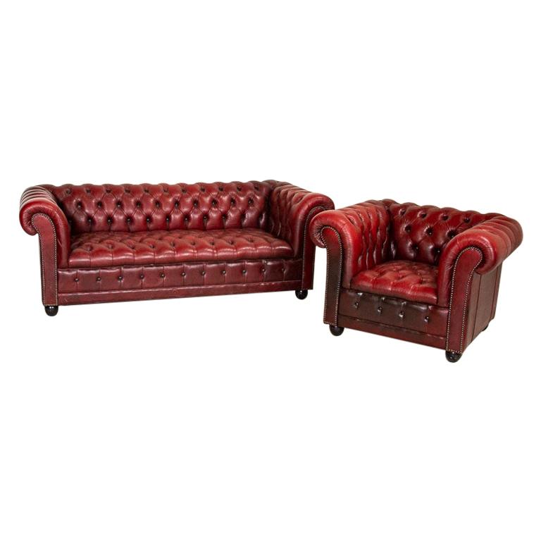 Vintage Red Leather Chesterfield Sofa and Club Chair, England