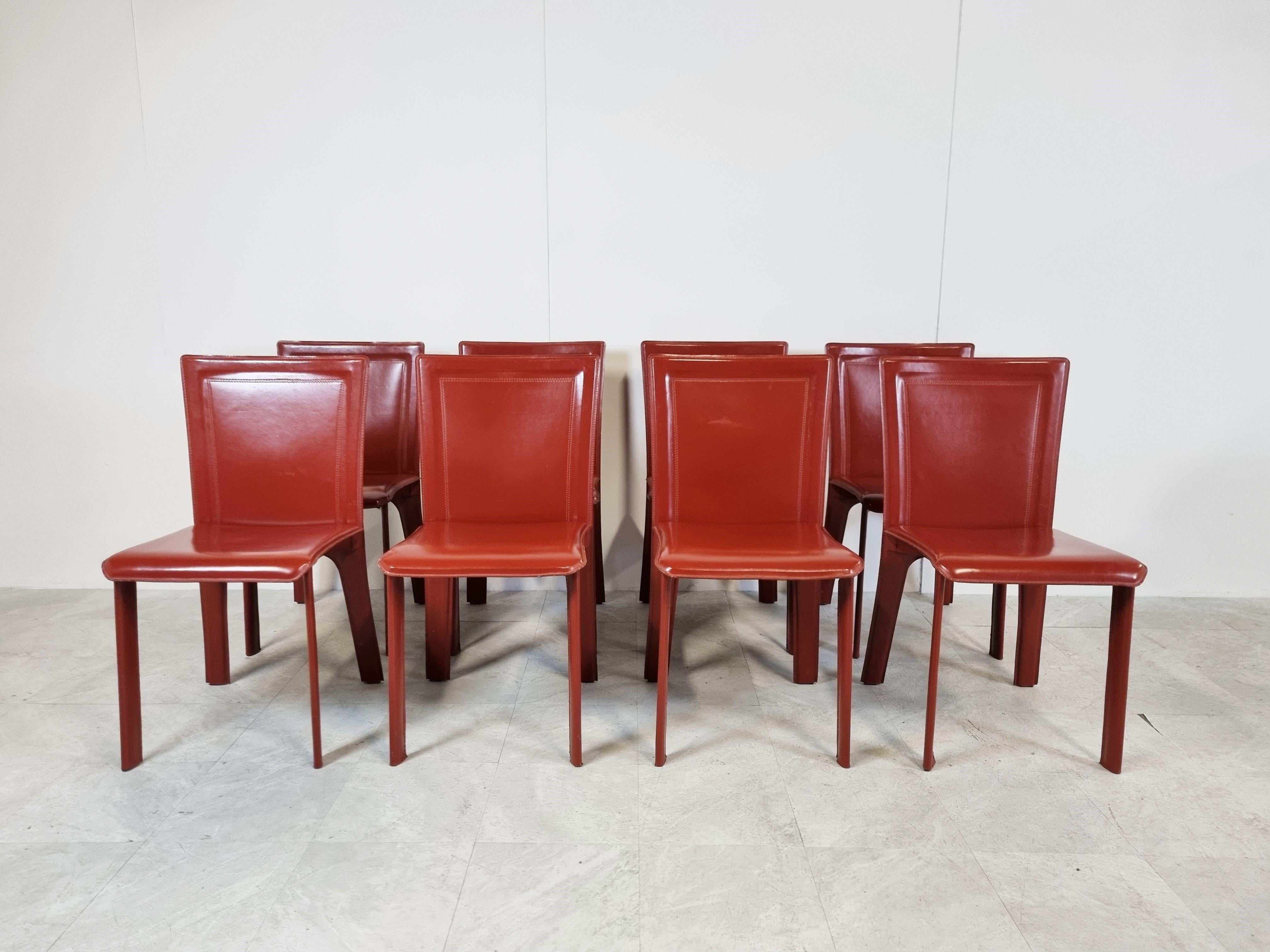 Italian Vintage Red Leather Dining Chairs, Italy, 1980s