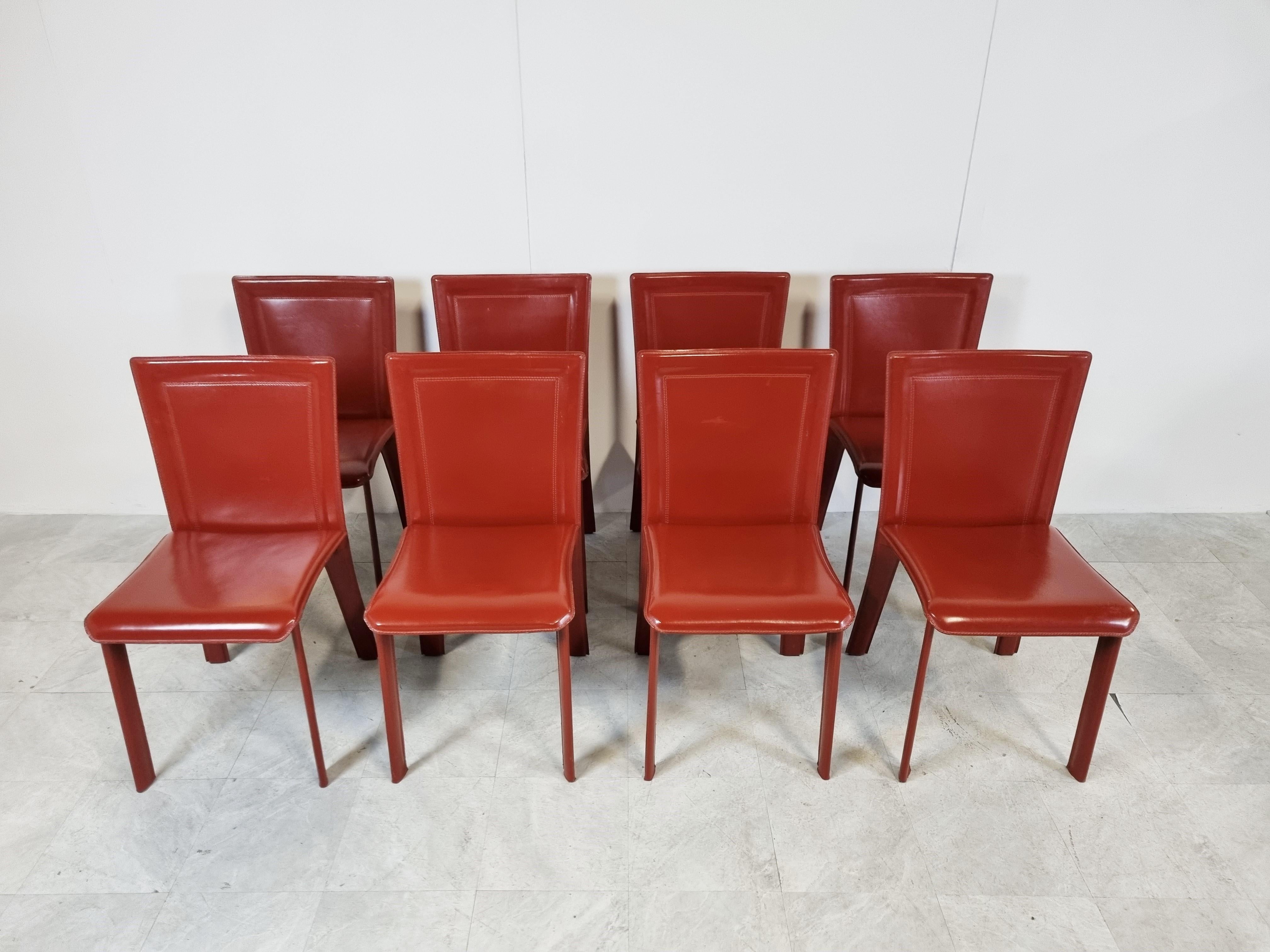 Vintage Red Leather Dining Chairs, Italy, 1980s In Good Condition In HEVERLEE, BE