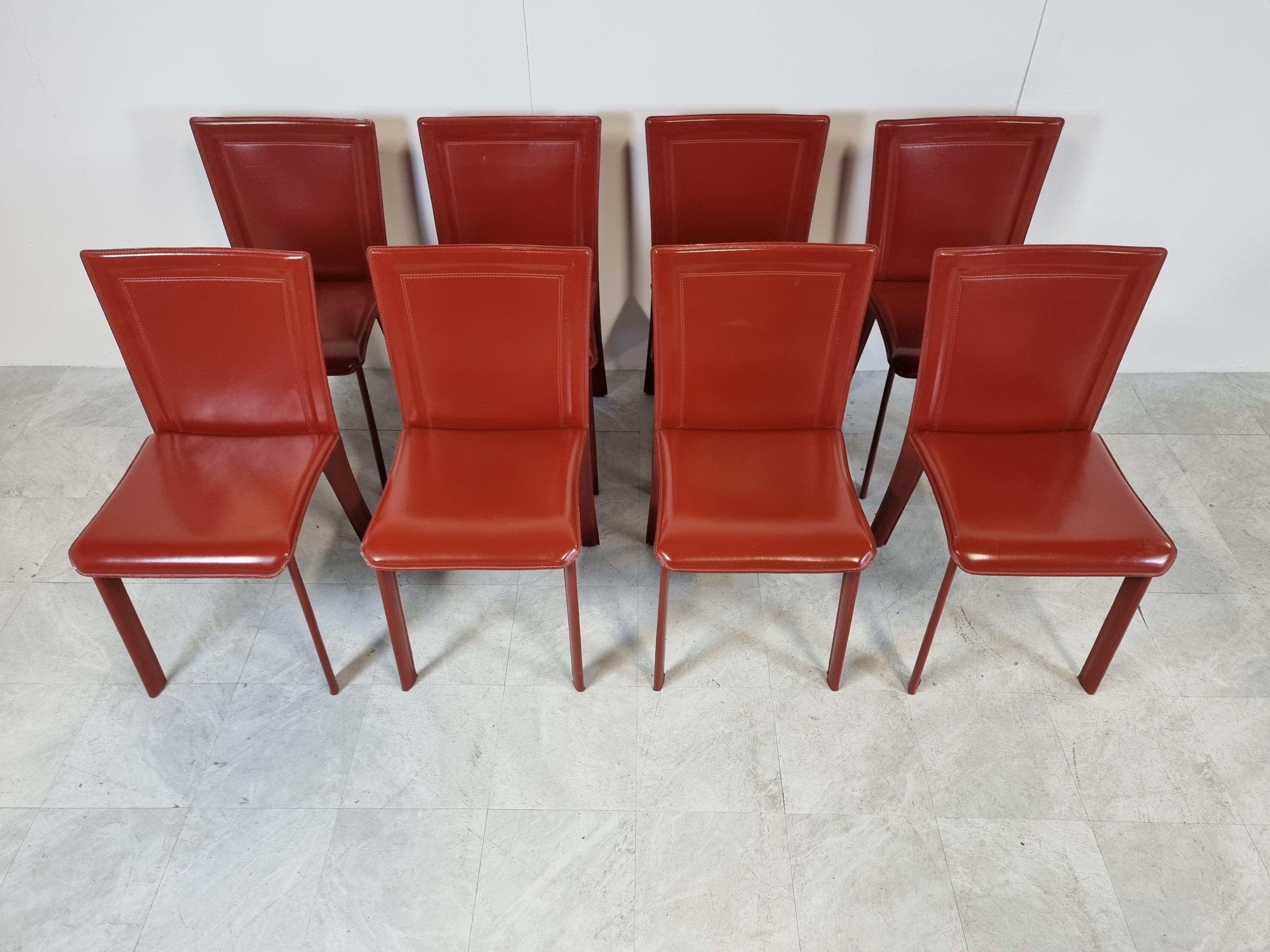 Vintage Red Leather Dining Chairs, Italy, 1980s 3