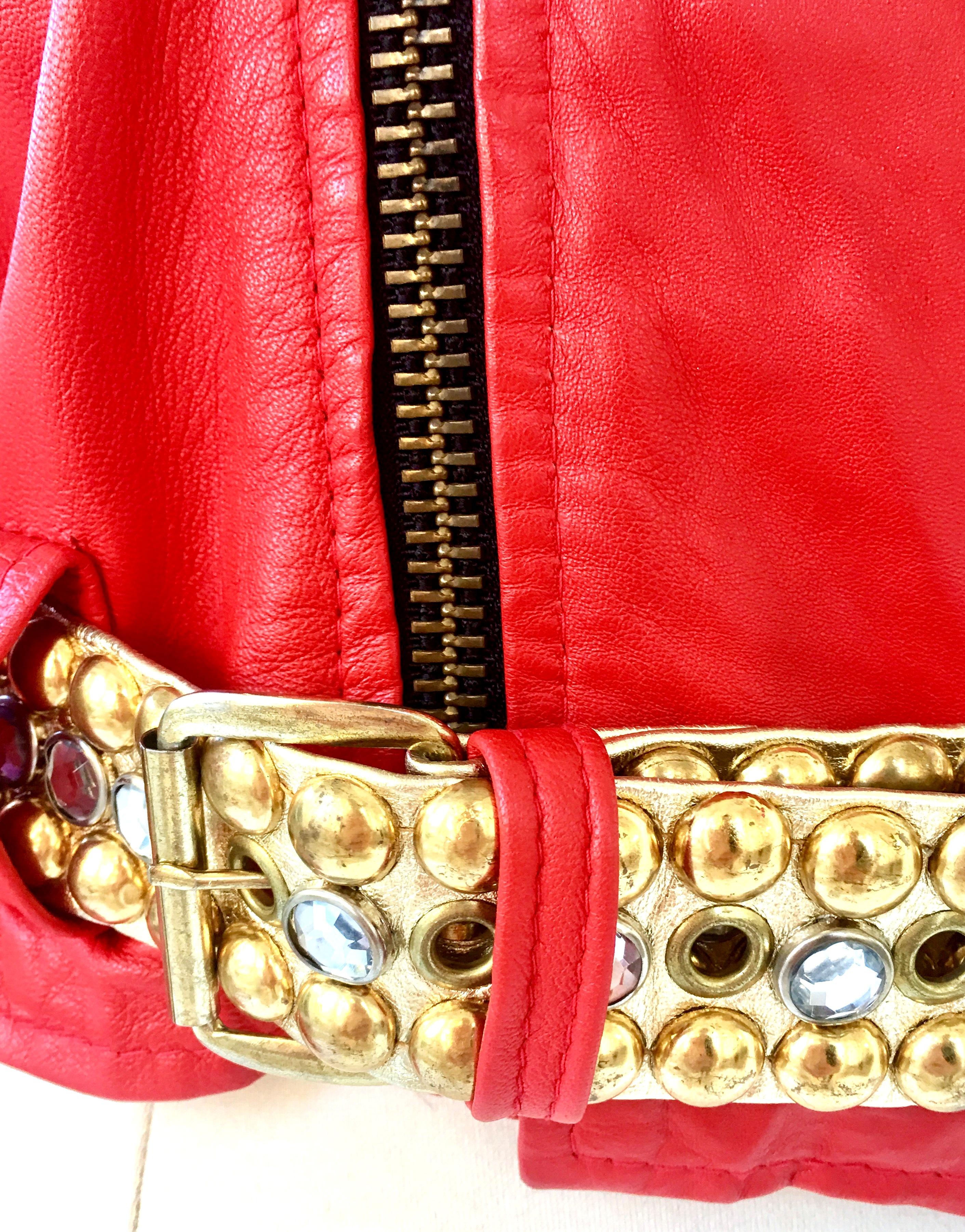 Vintage Red Leather & Gold Metallic Stud Motorcycle Jacket 5