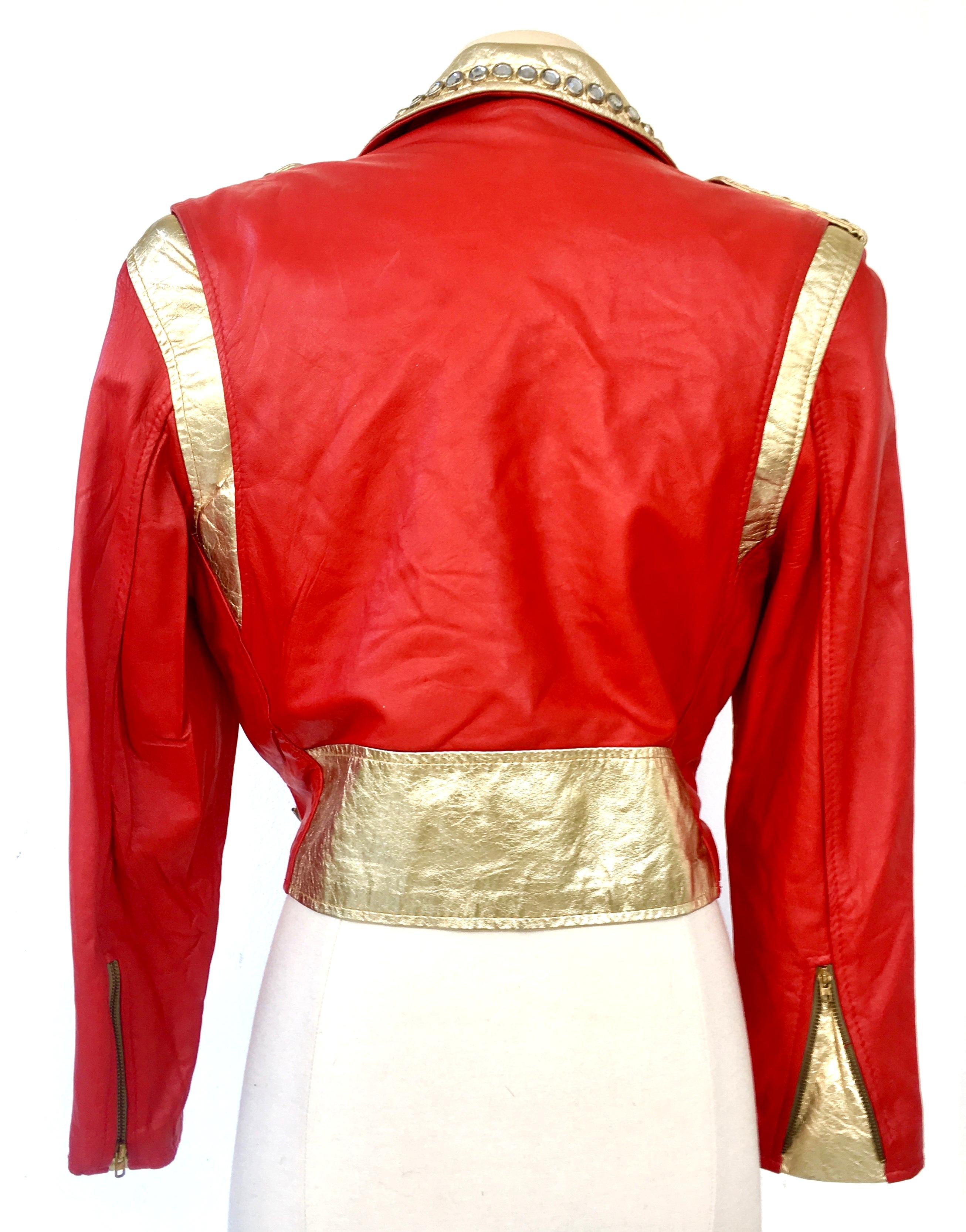 Vintage Red Leather & Gold Metallic Stud Motorcycle Jacket In Good Condition In West Palm Beach, FL