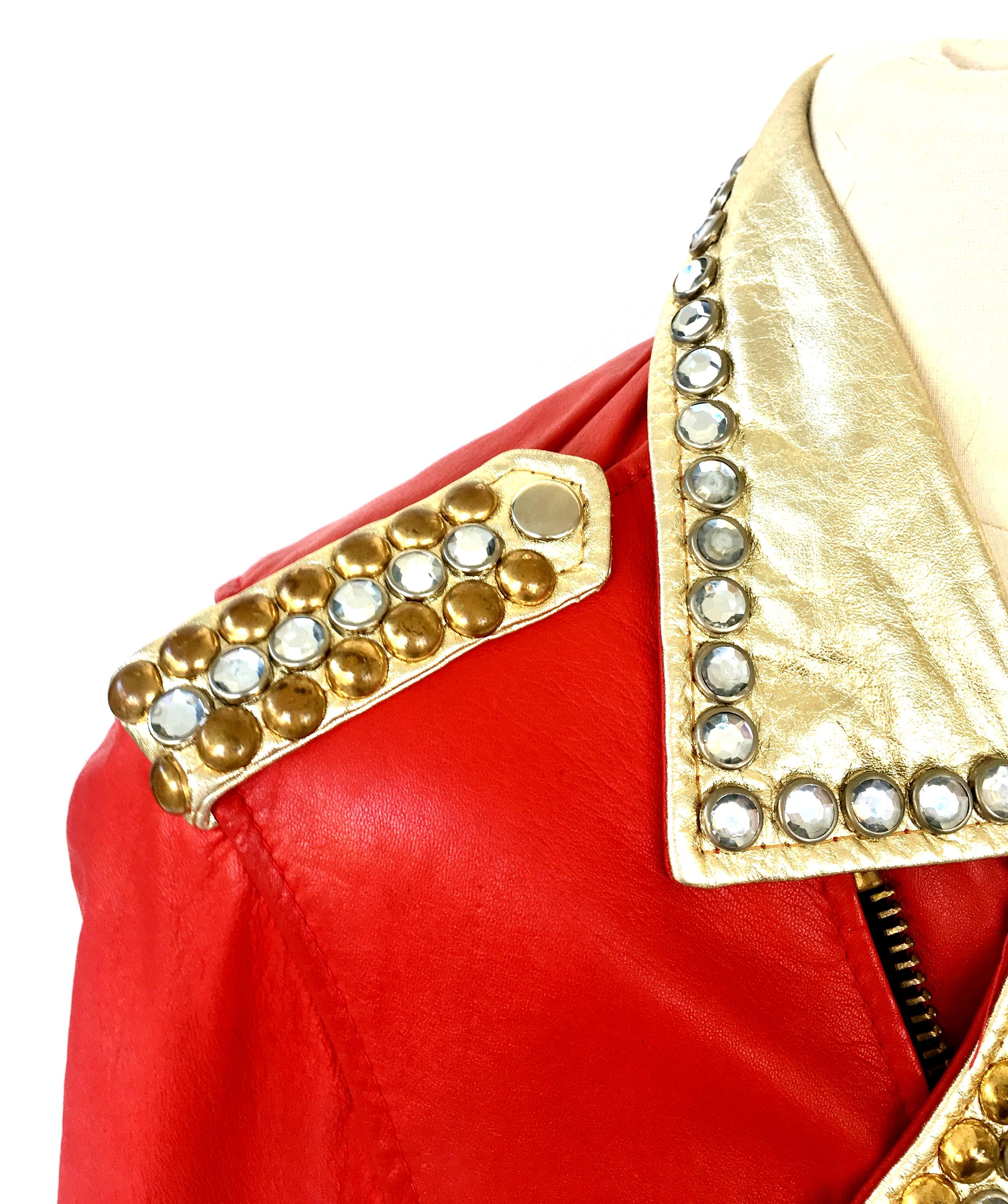 Vintage Red Leather & Gold Metallic Stud Motorcycle Jacket 3