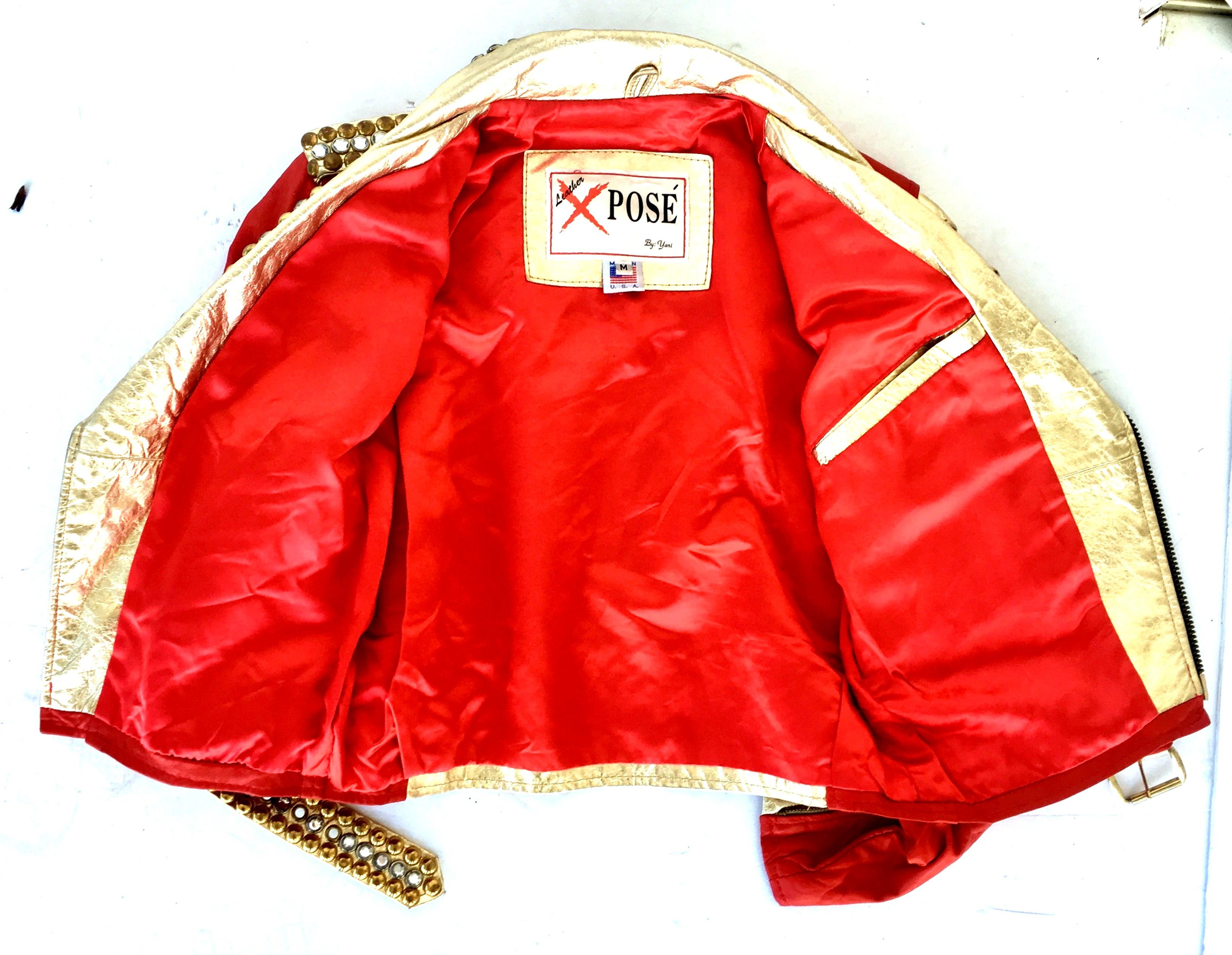 Vintage Red Leather & Gold Metallic Stud Motorcycle Jacket 9