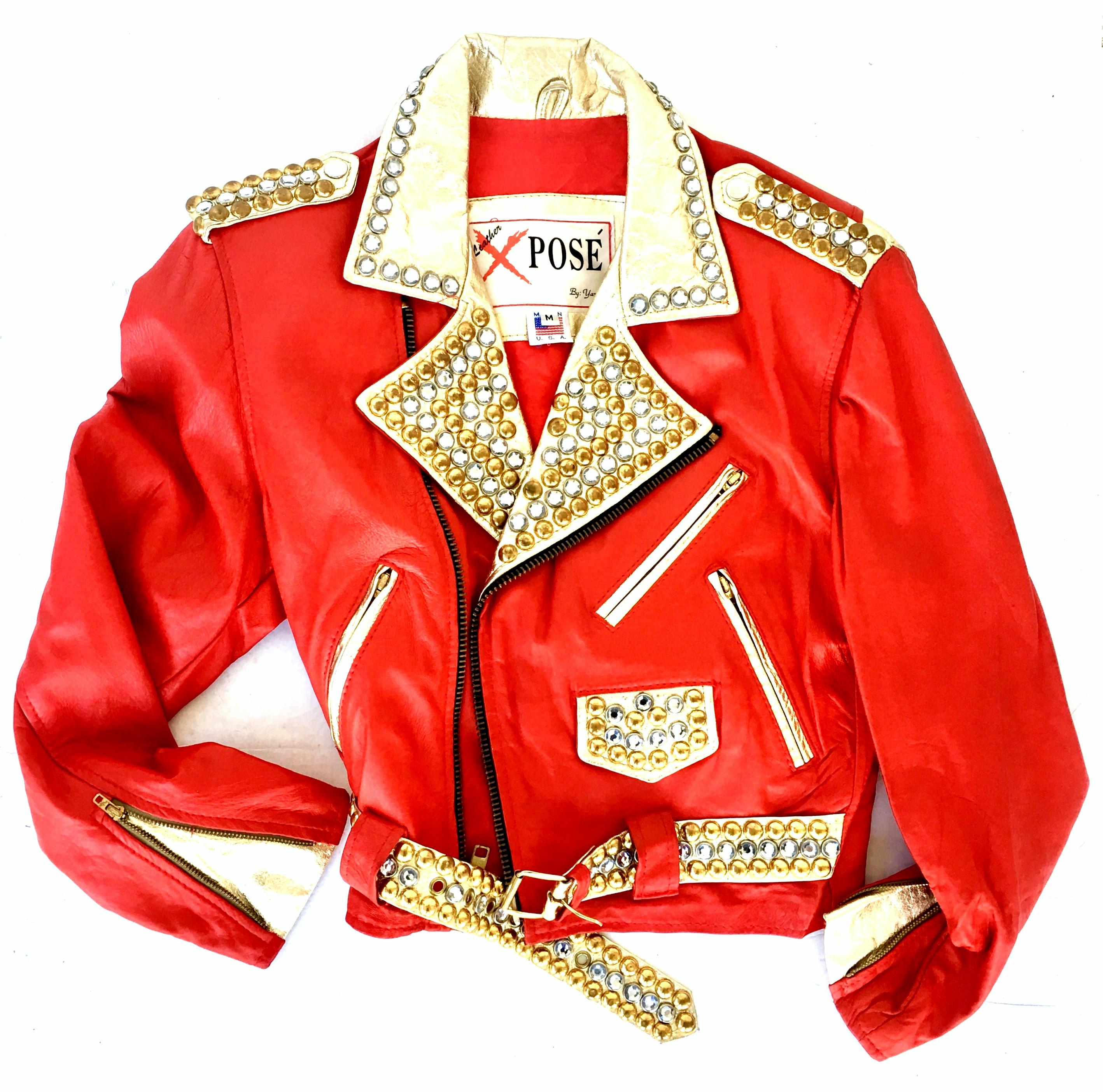 Women's or Men's Vintage Red Leather & Gold Metallic Stud Motorcycle Jacket