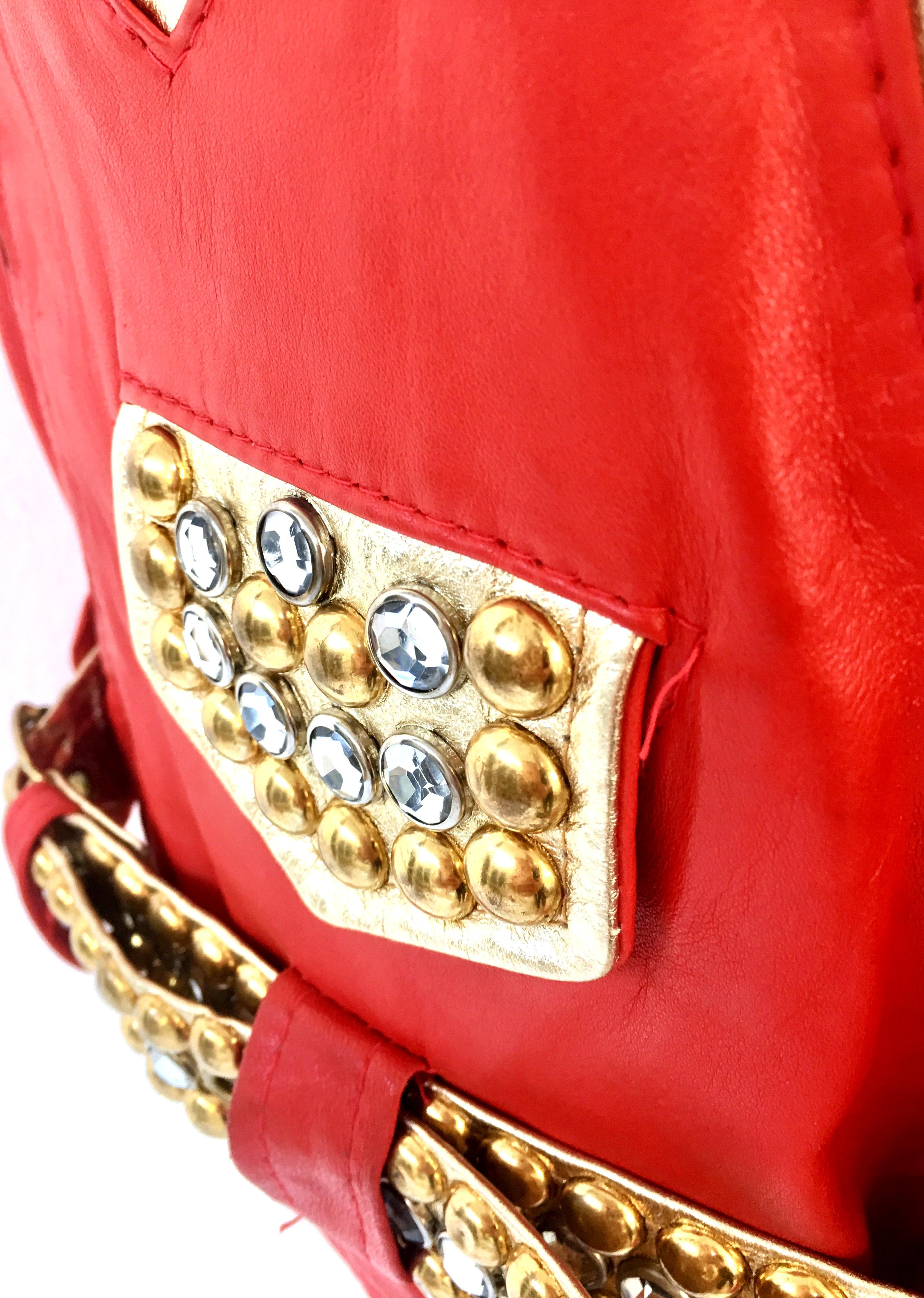 Vintage Red Leather & Gold Metallic Stud Motorcycle Jacket 7