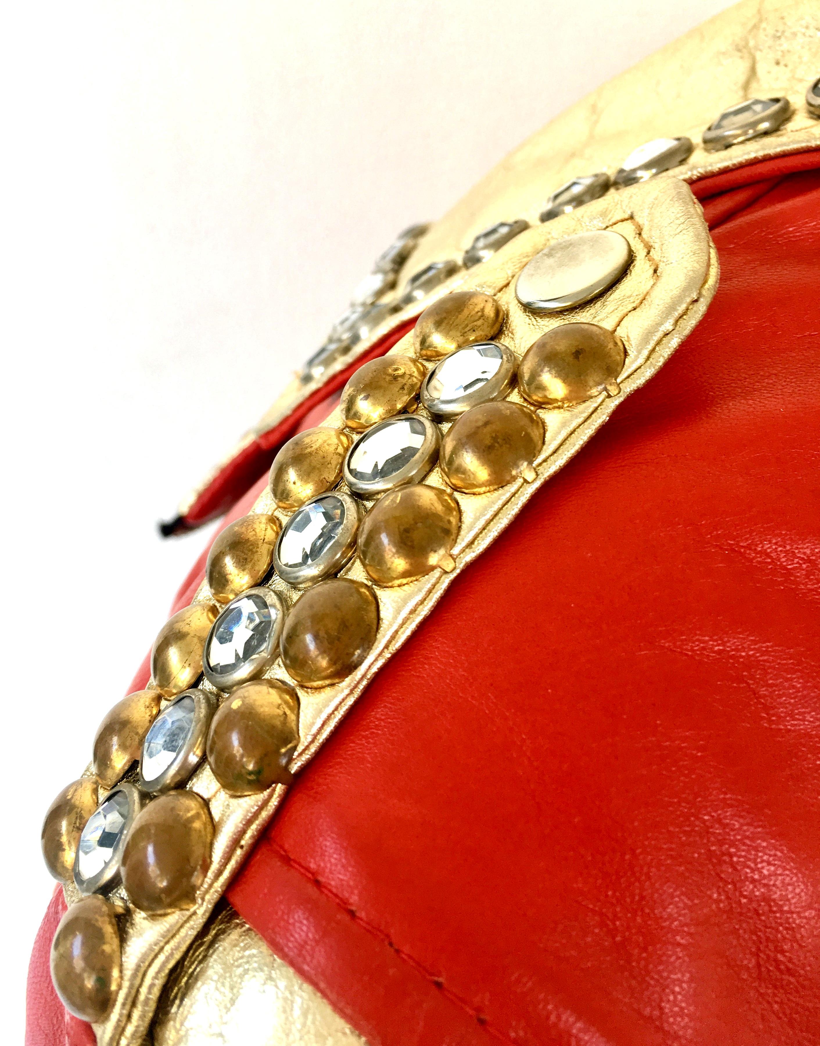 Vintage Red Leather & Gold Metallic Stud Motorcycle Jacket 4