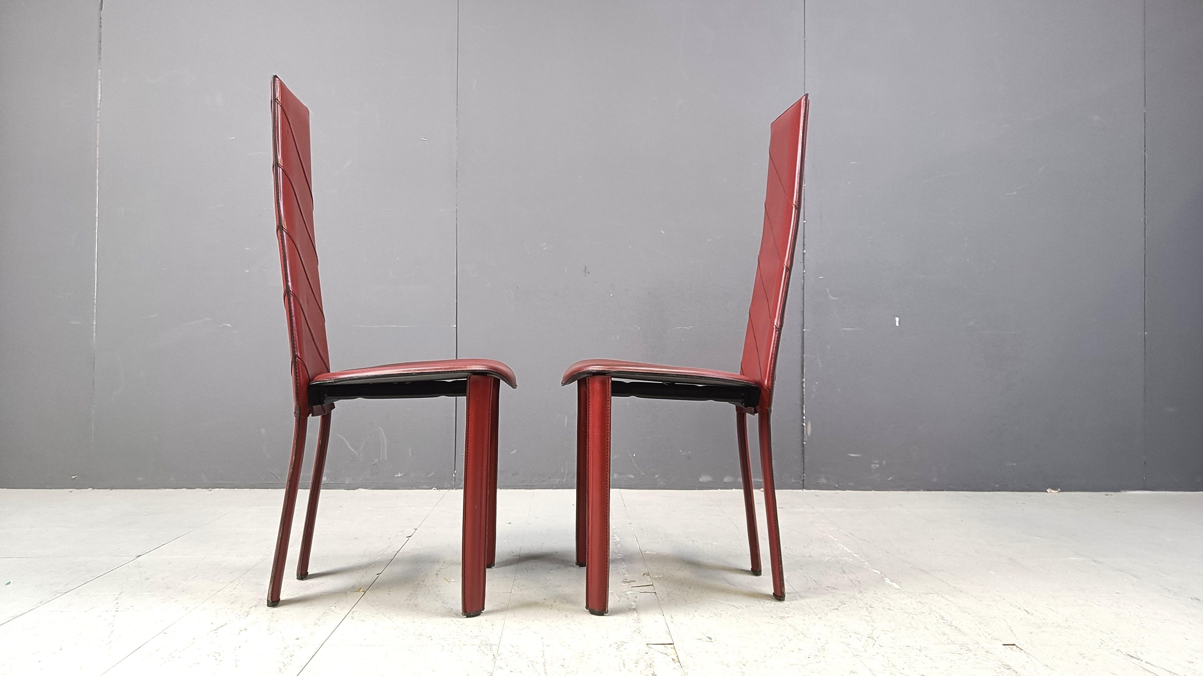 Vintage red leather Italian high back dining chairs, set of 6, 1980s For Sale 4