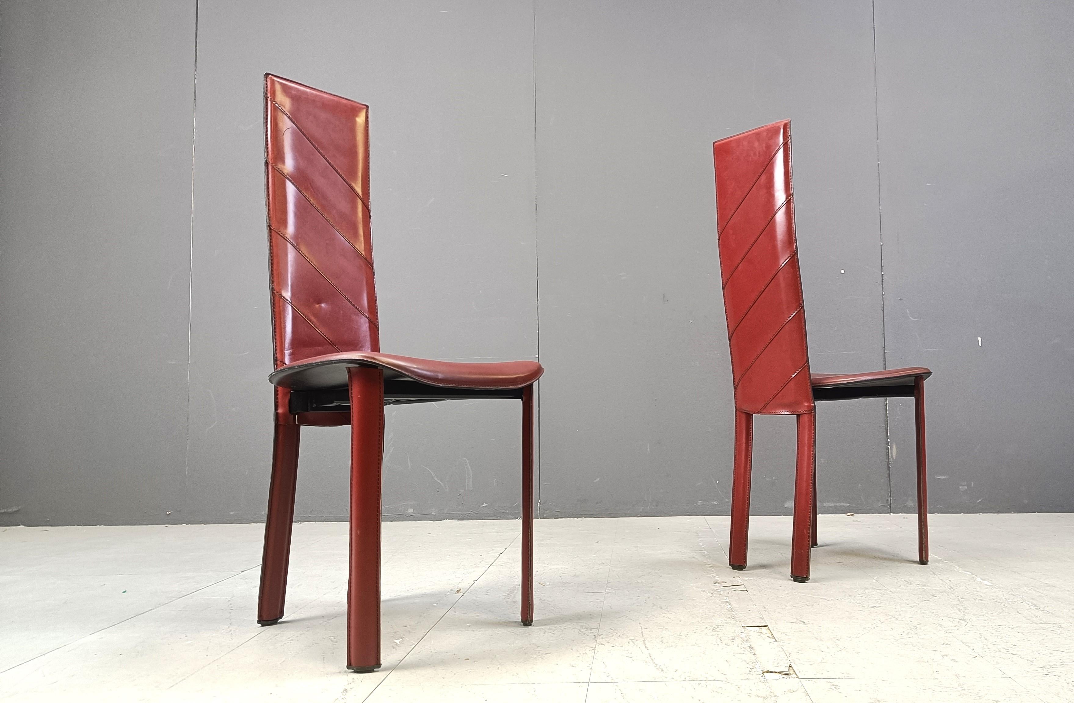 Vintage red leather Italian high back dining chairs, set of 6, 1980s For Sale 5