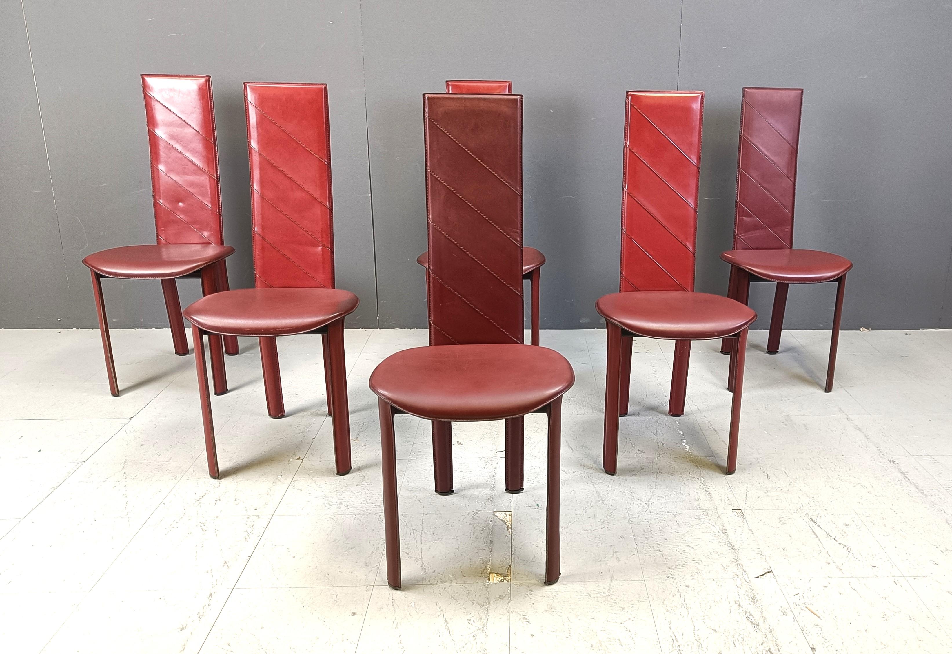 Post-Modern Vintage red leather Italian high back dining chairs, set of 6, 1980s For Sale