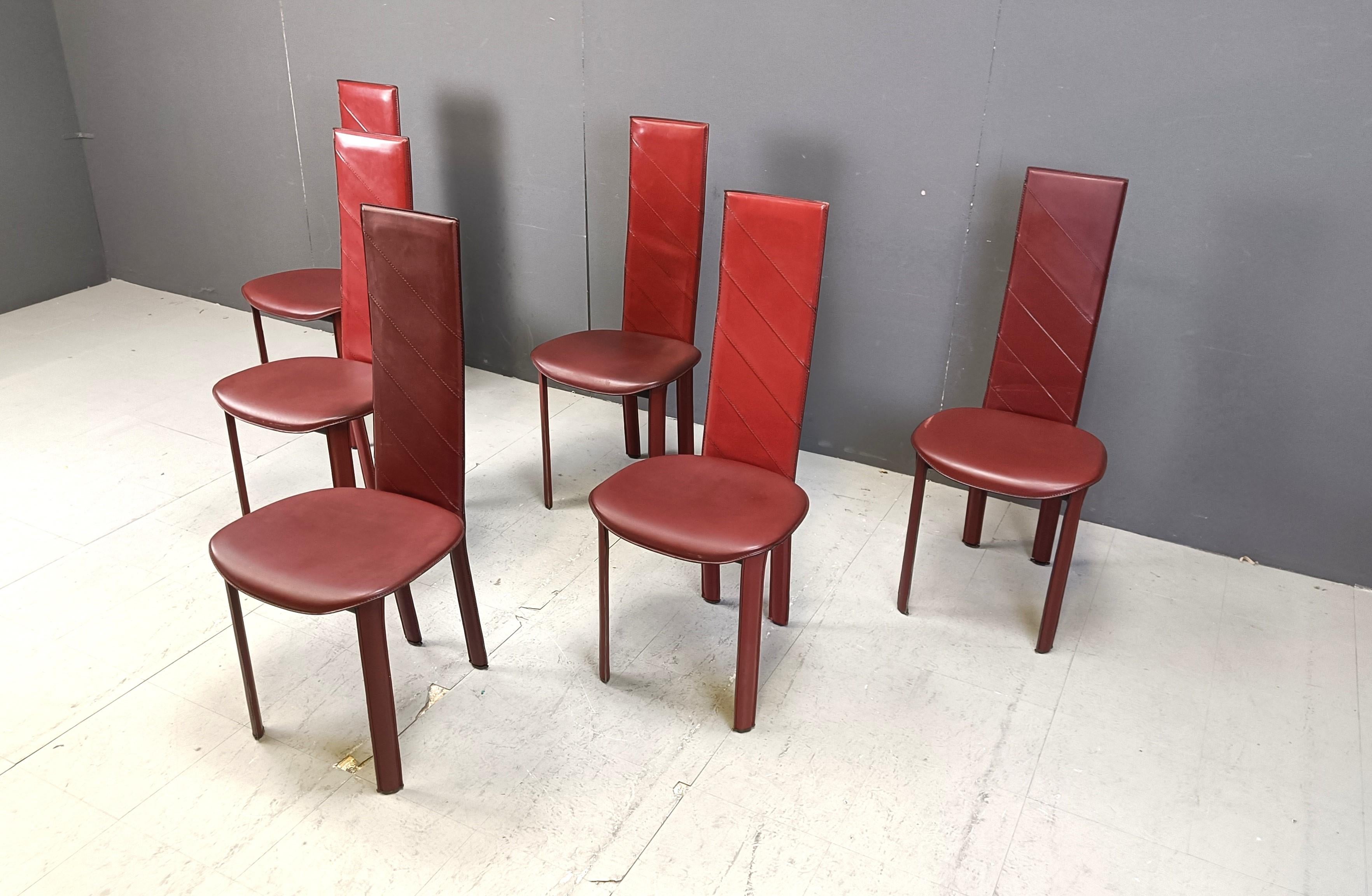 Leather Vintage red leather Italian high back dining chairs, set of 6, 1980s For Sale