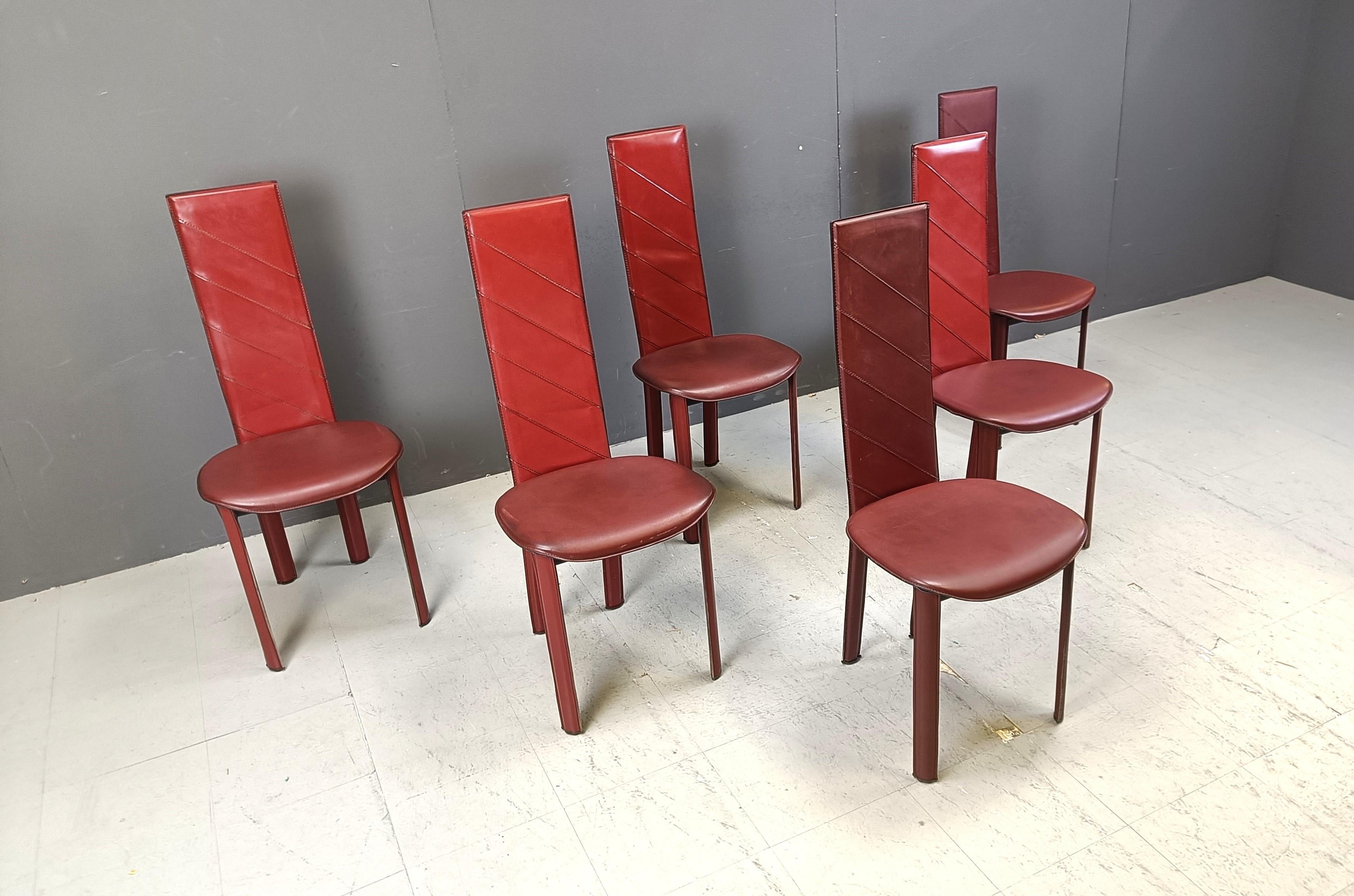 Vintage red leather Italian high back dining chairs, set of 6, 1980s For Sale 1
