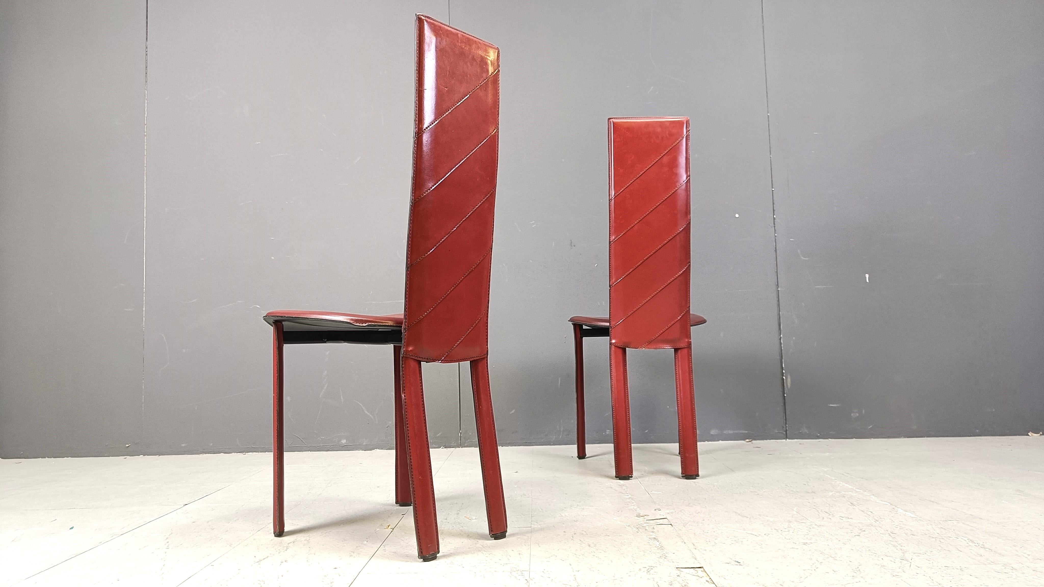 Vintage red leather Italian high back dining chairs, set of 6, 1980s For Sale 3