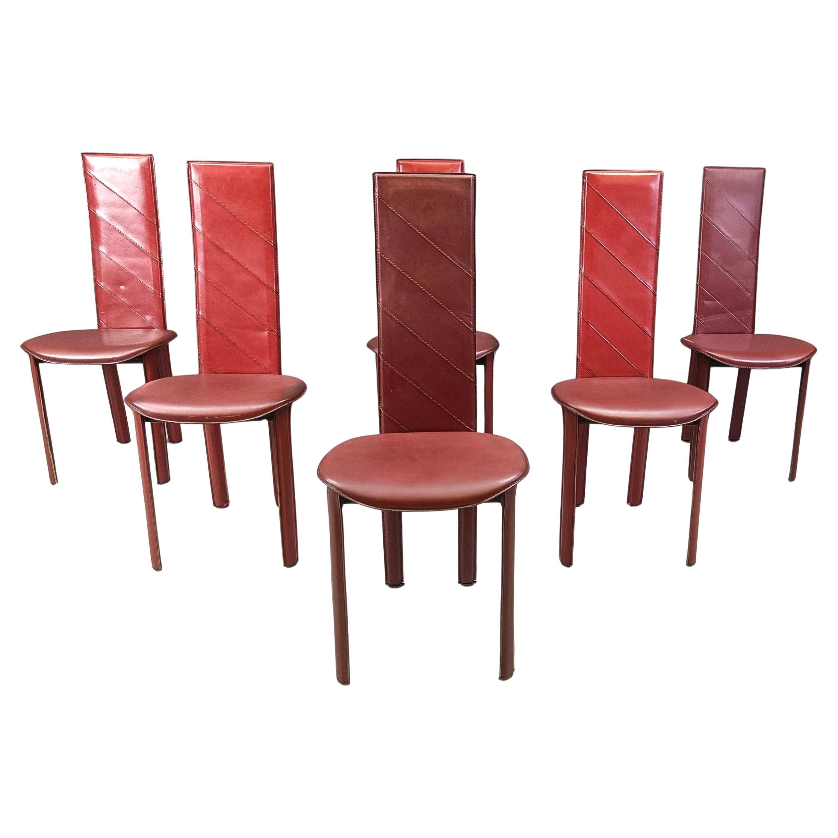 Vintage red leather Italian high back dining chairs, set of 6, 1980s