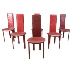 Vintage red leather Italian high back dining chairs, set of 6, 1980s