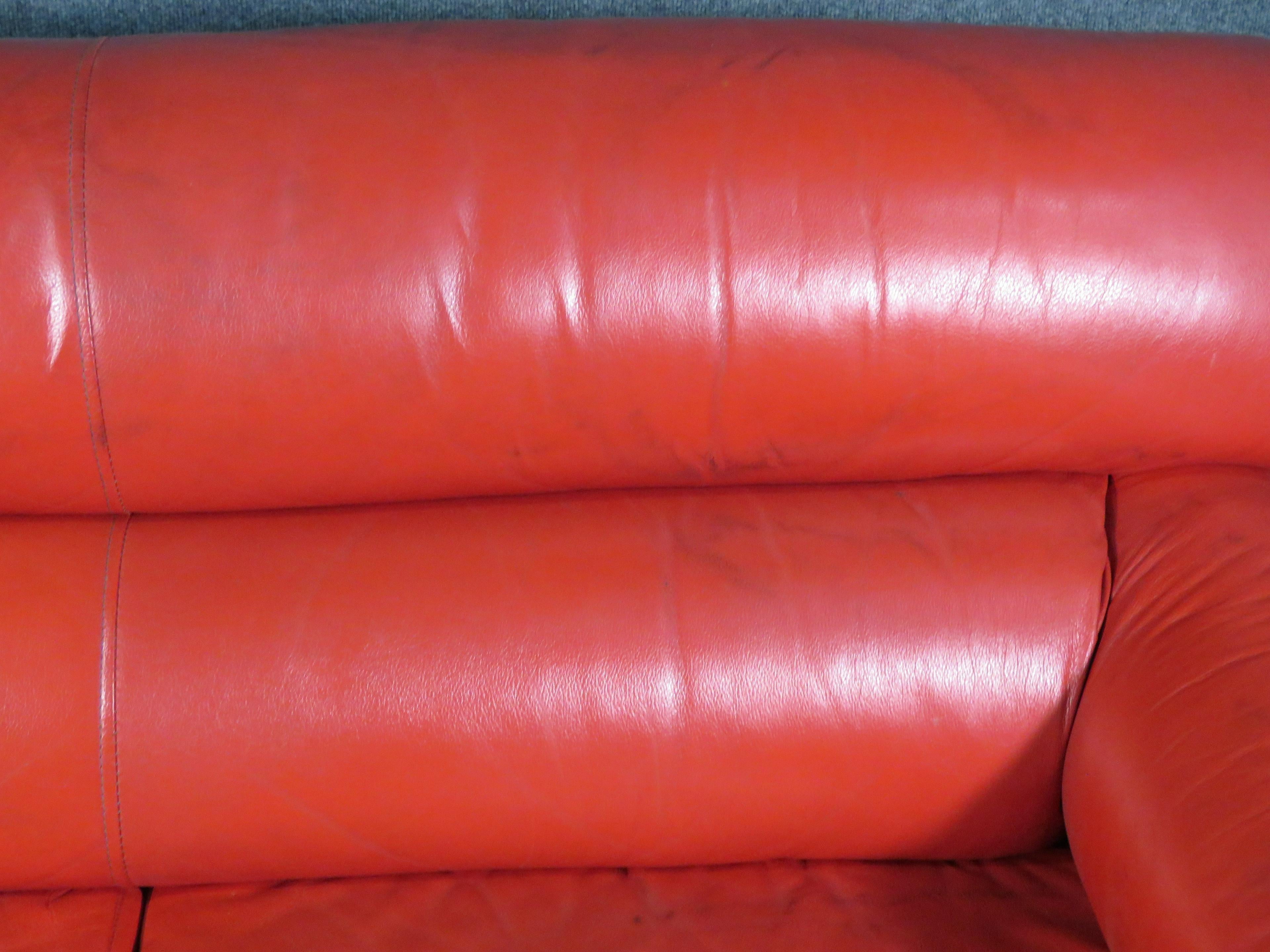 Mid-Century Modern Vintage Red Leather Loveseat For Sale