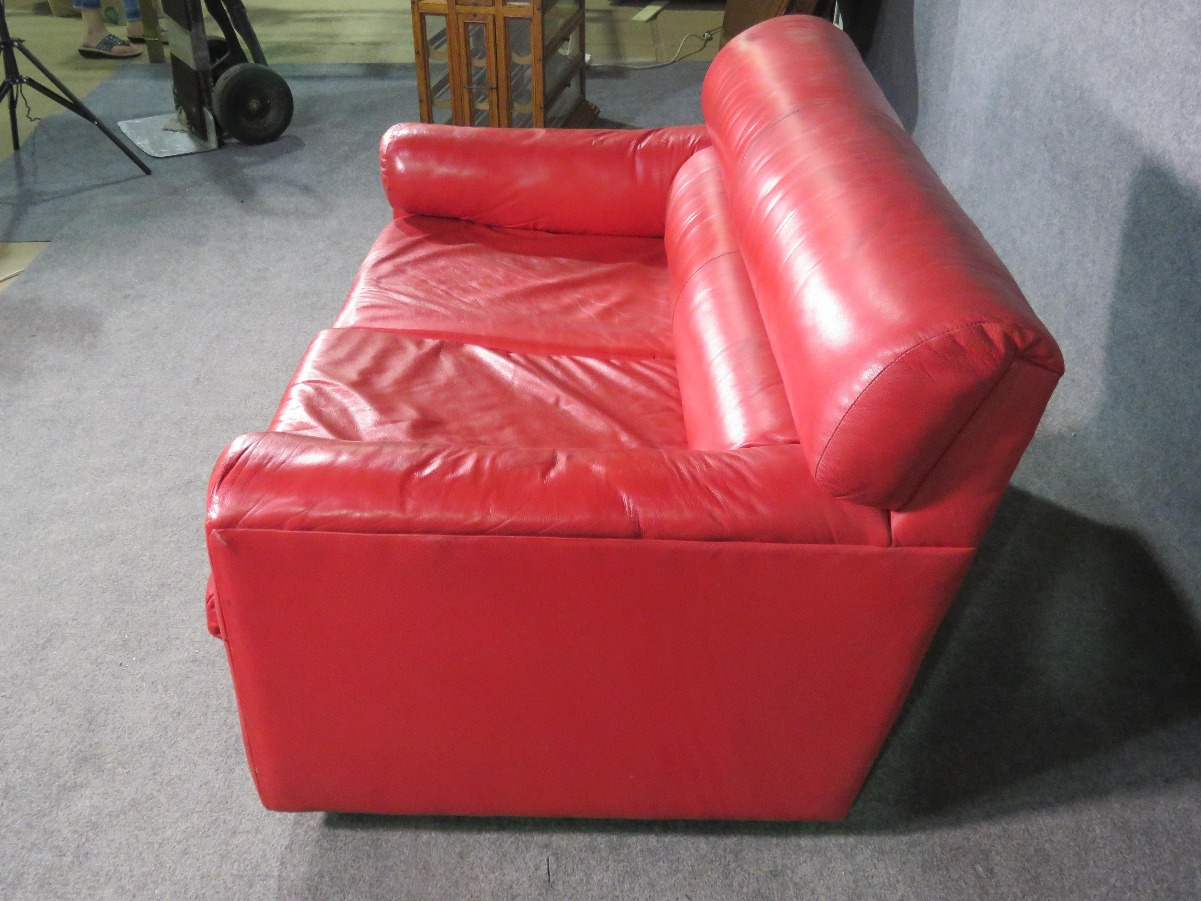 Vintage Red Leather Loveseat For Sale 1