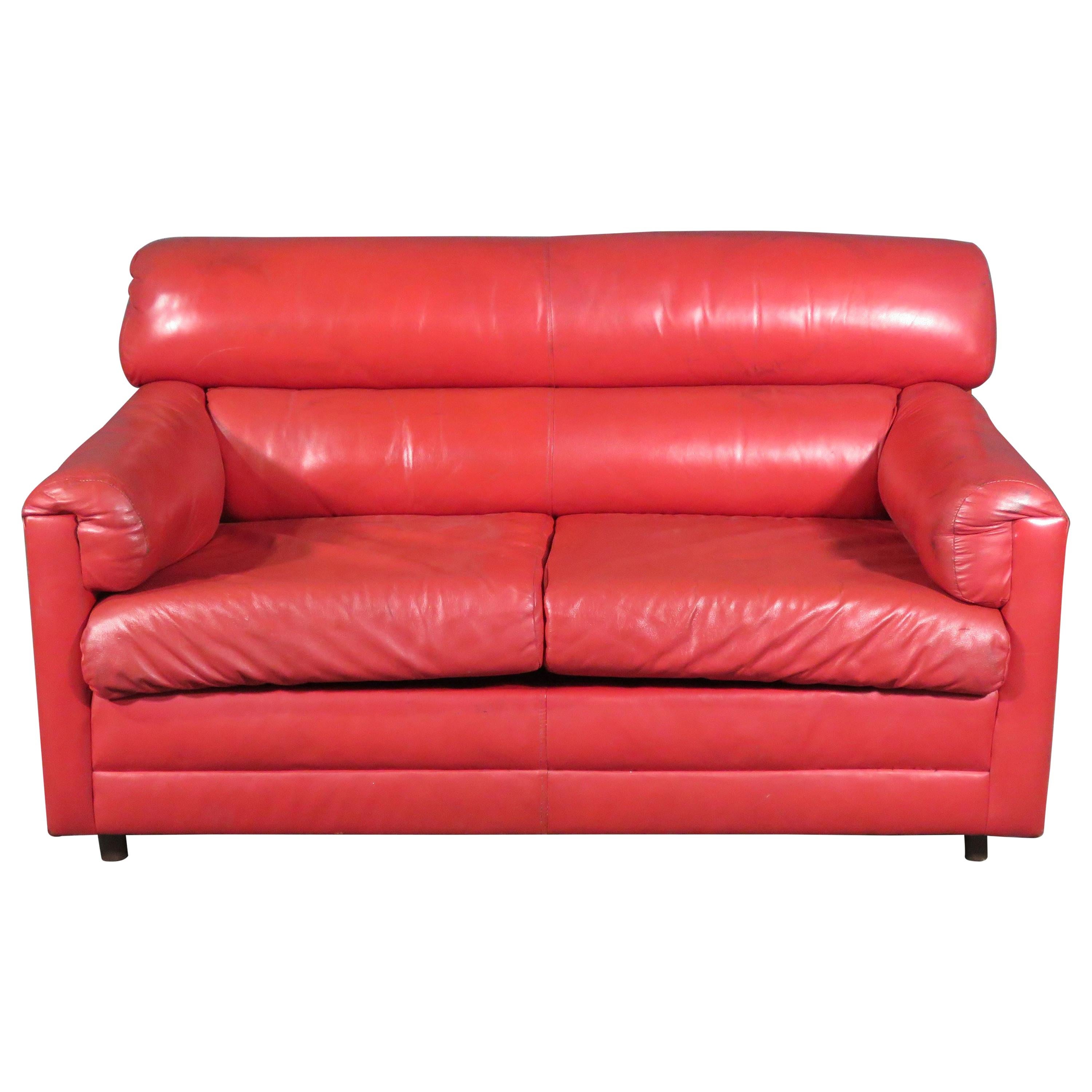 Vintage Red Leather Loveseat For Sale