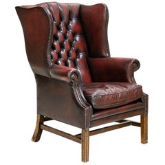Antique Red Leather Wingback Armchair