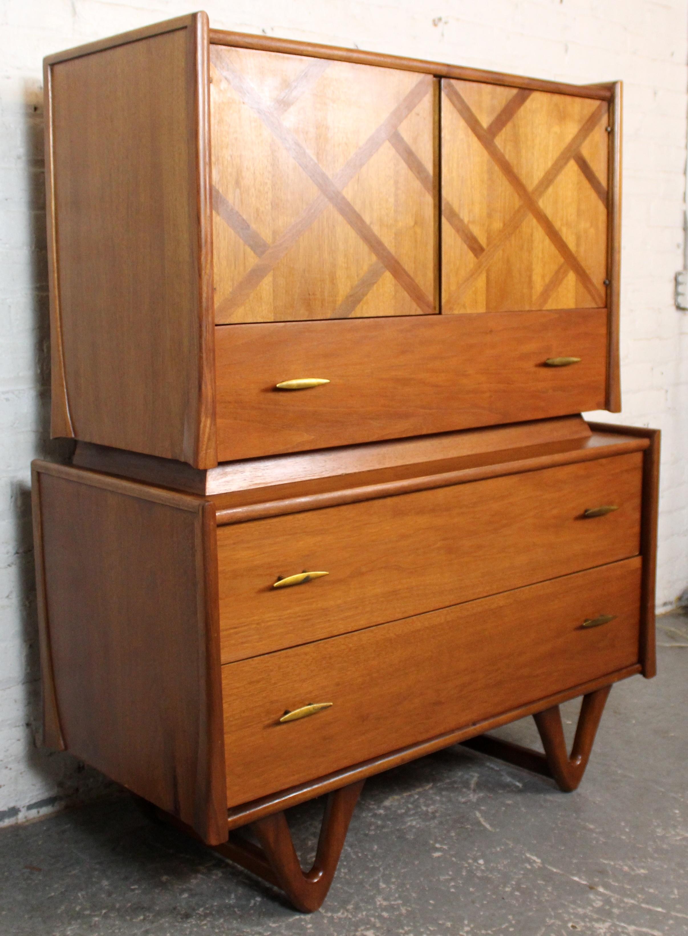 Mid-Century Modern Mid-Century Inlaid Walnut Highboy by Red Lion Furniture For Sale