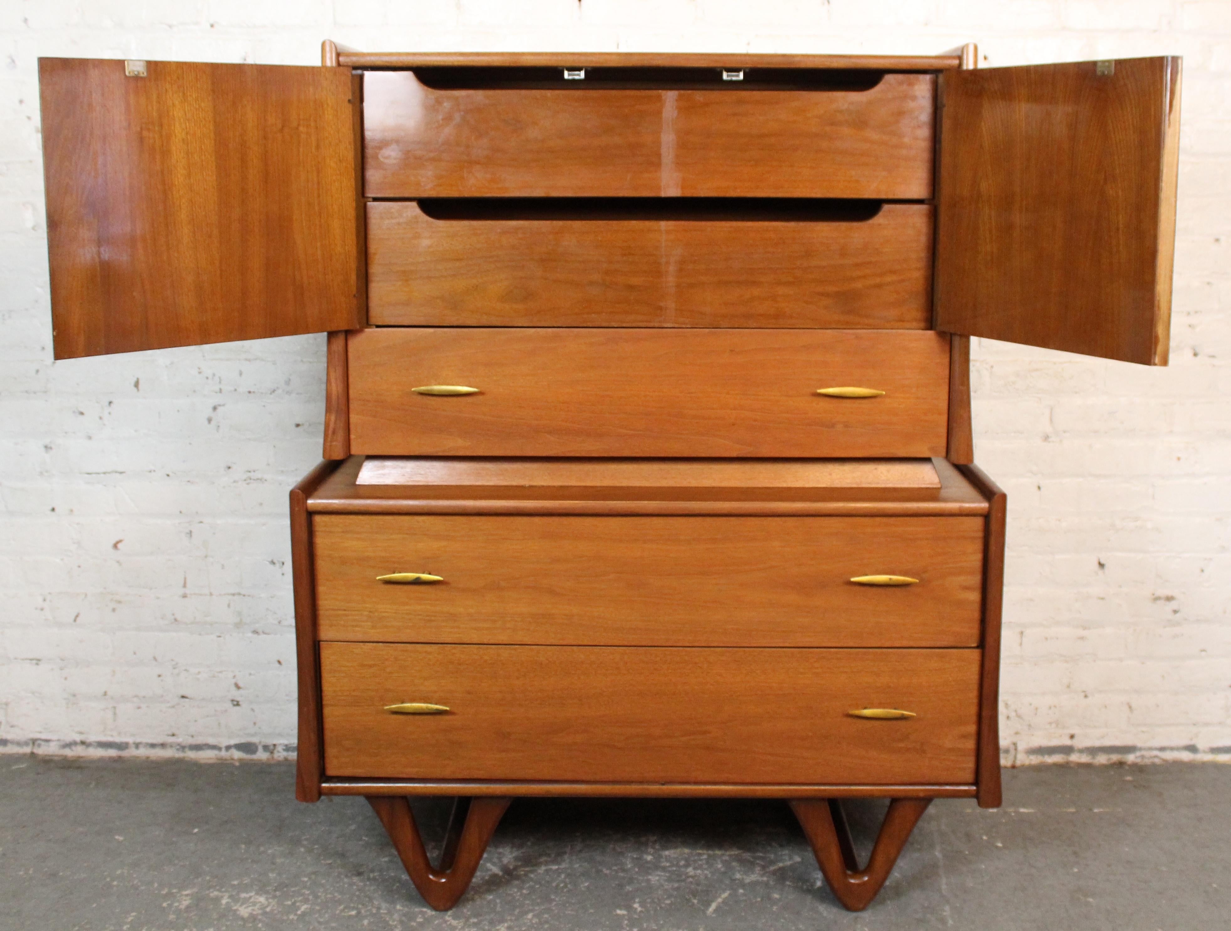 Mid-Century Inlaid Walnut Highboy by Red Lion Furniture For Sale 1