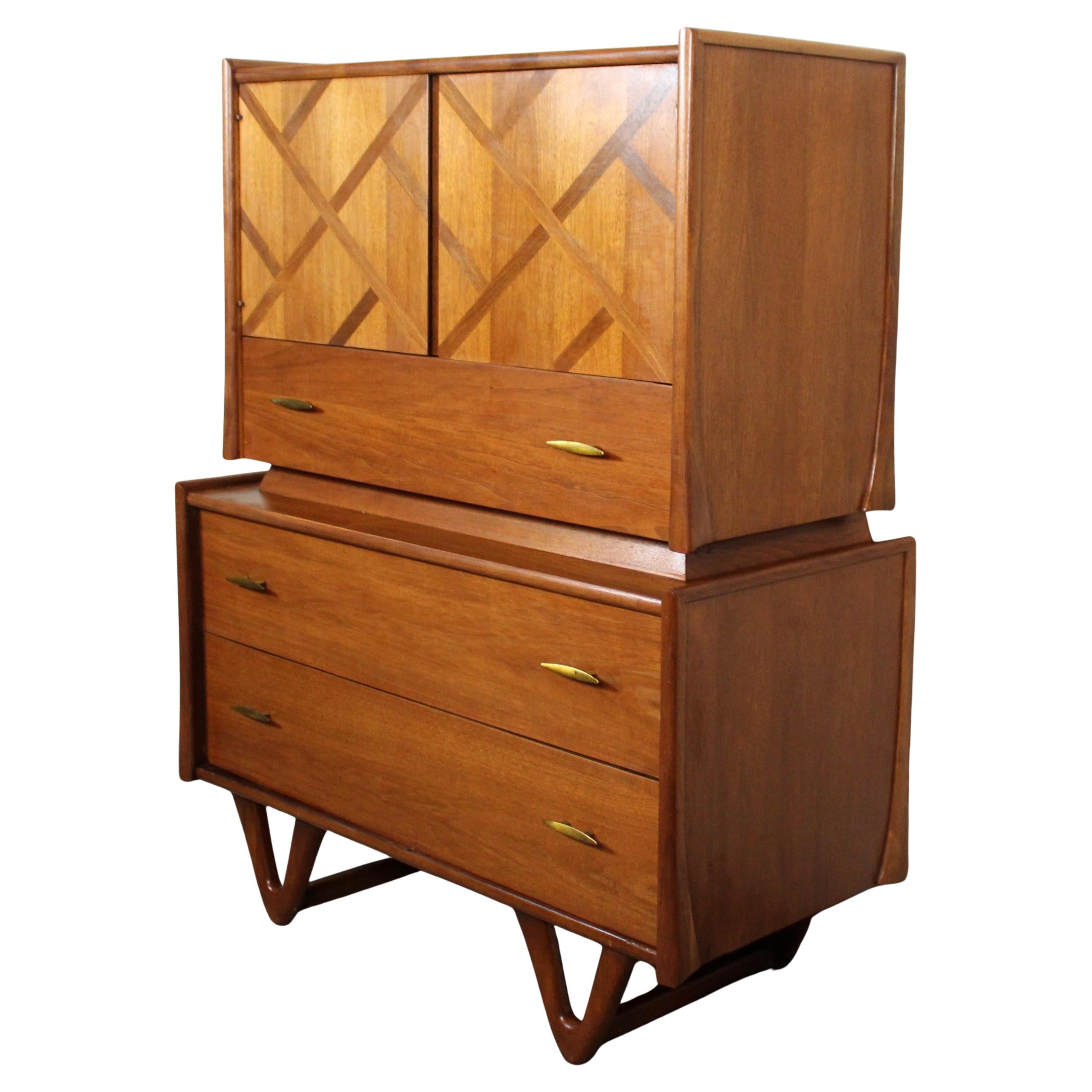 Mid-Century Inlaid Walnut Highboy by Red Lion Furniture For Sale