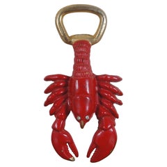 Vintage Red Lobster Sculptural Painted Brass Bottle Opener Rhinestone Eyes