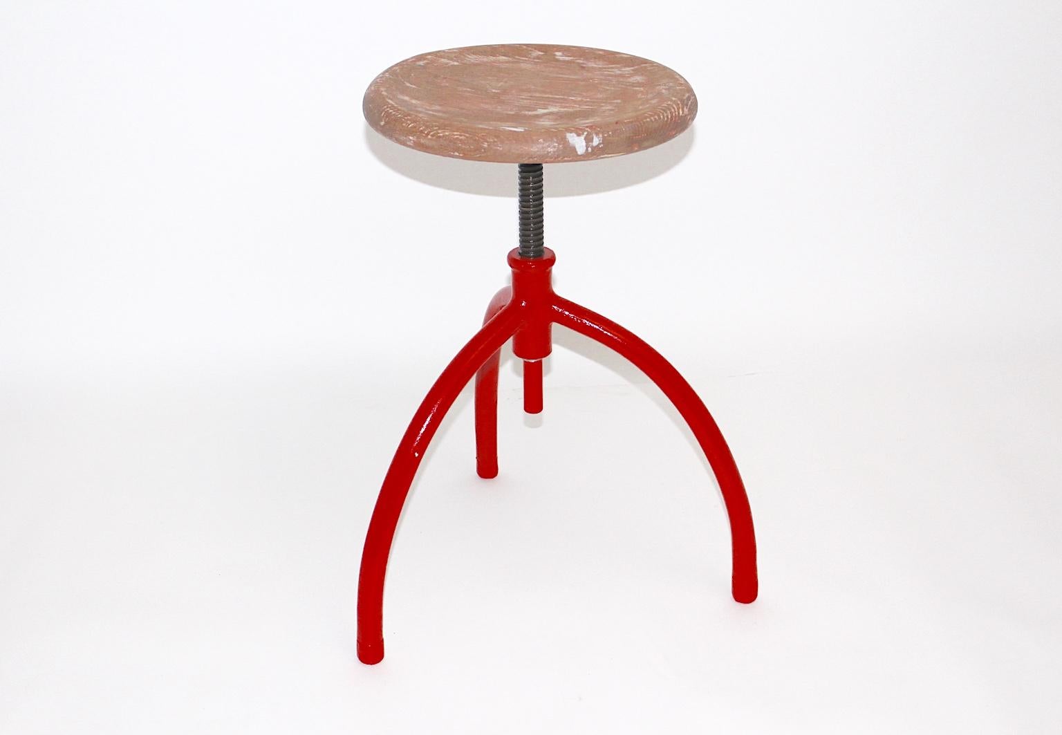 Austrian Vintage Red Metal Swiveling Stool by Margarete Schuette-Lihotzky, 1920s For Sale
