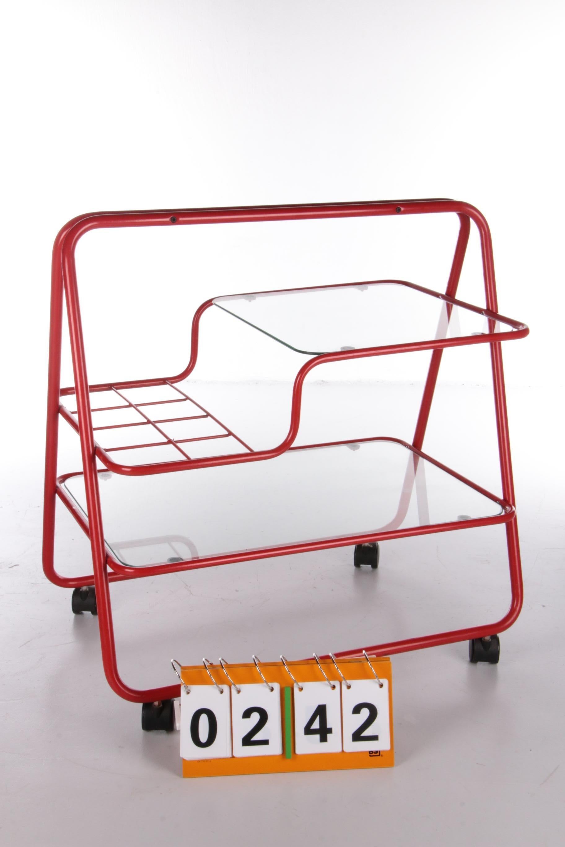 Mid-Century Modern Vintage Red Metal Unique Trolley or Bar Cart, 1970s For Sale