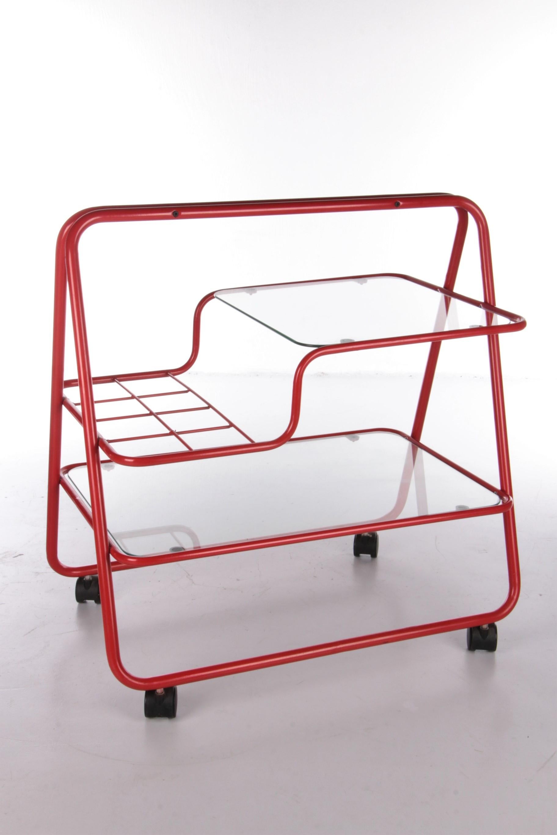 Vintage Red Metal Unique Trolley or Bar Cart, 1970s In Excellent Condition In Oostrum-Venray, NL