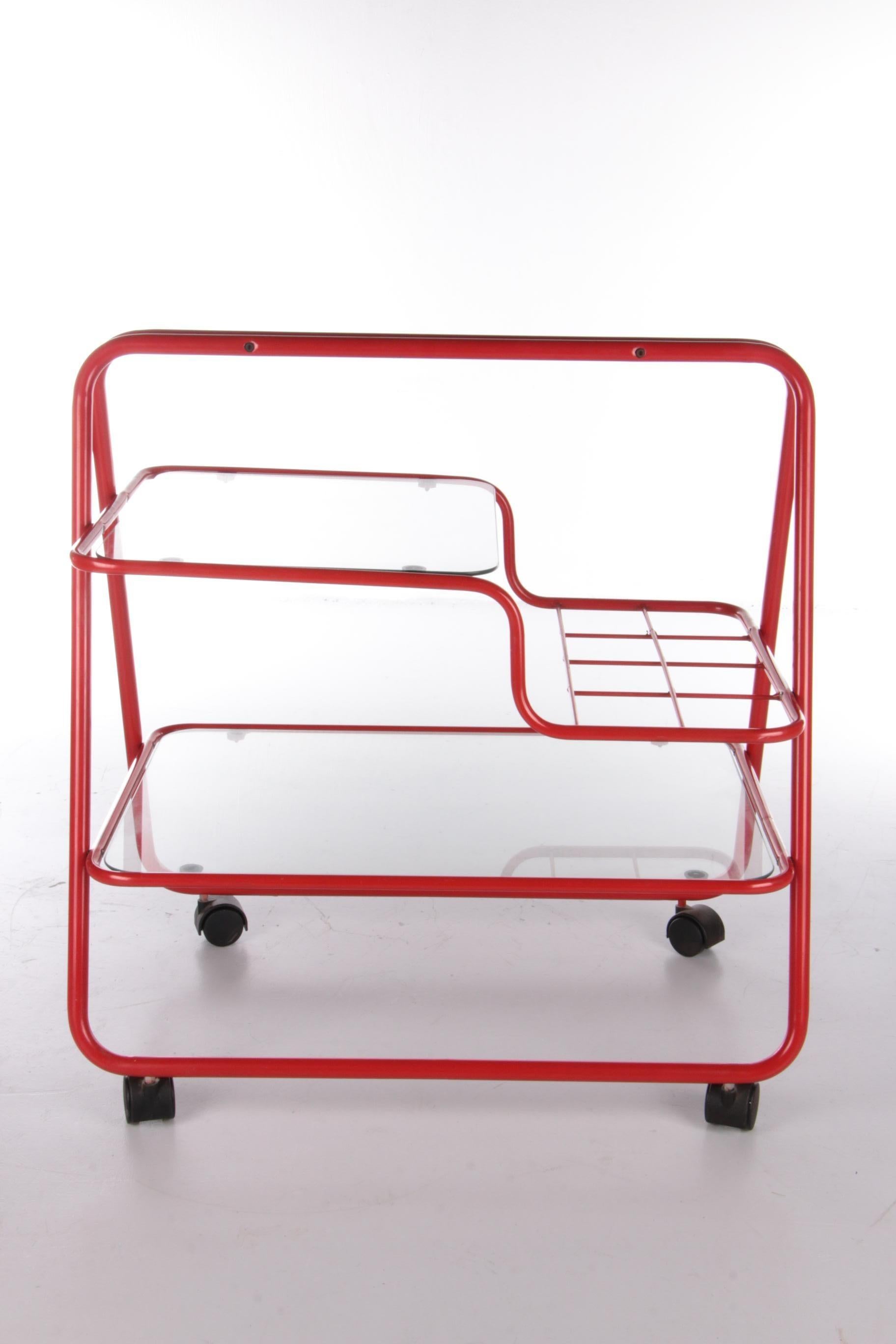 Late 20th Century Vintage Red Metal Unique Trolley or Bar Cart, 1970s For Sale