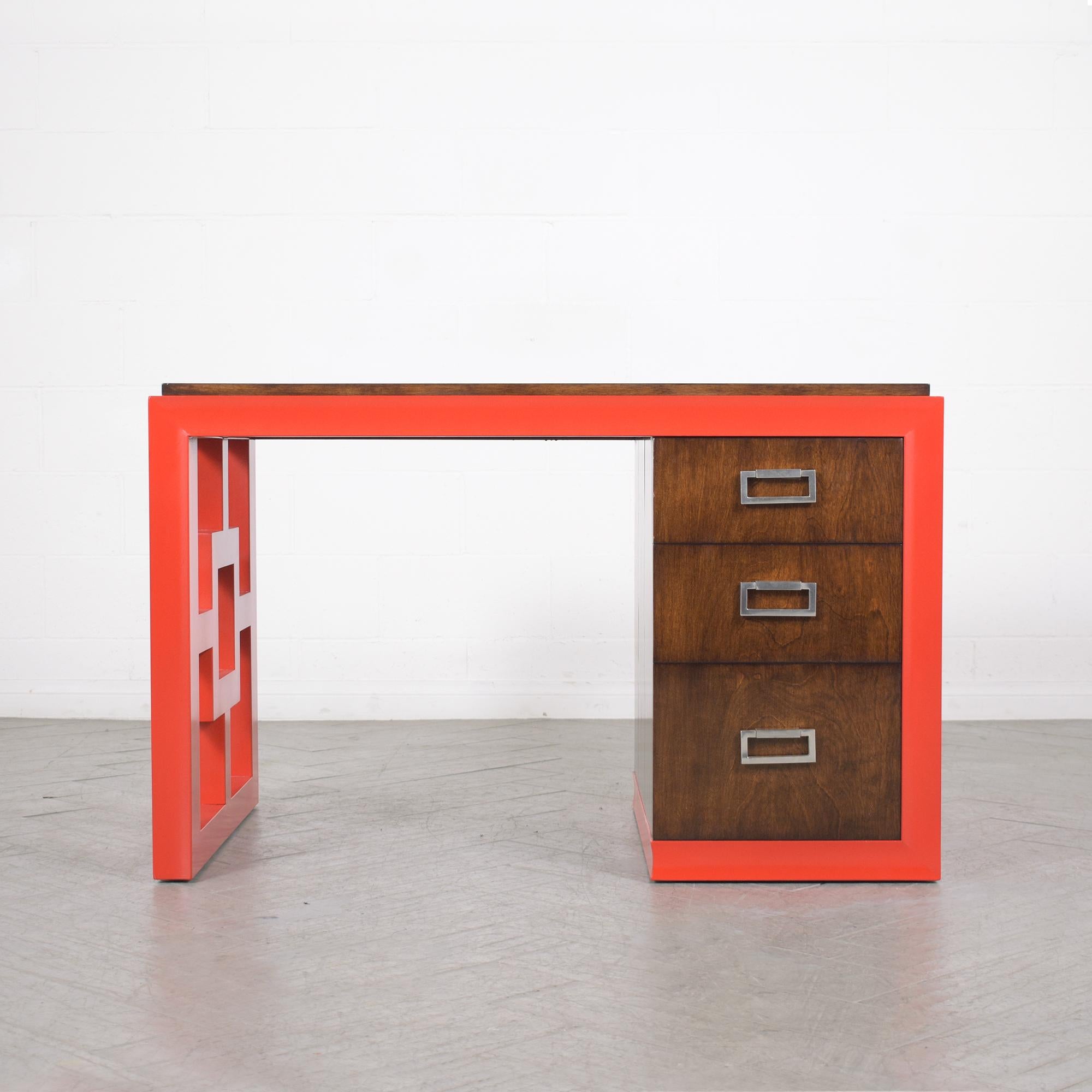 Carved 1960s Mid-Century Modern Walnut Desk with Vibrant Red Lacquer Finish For Sale