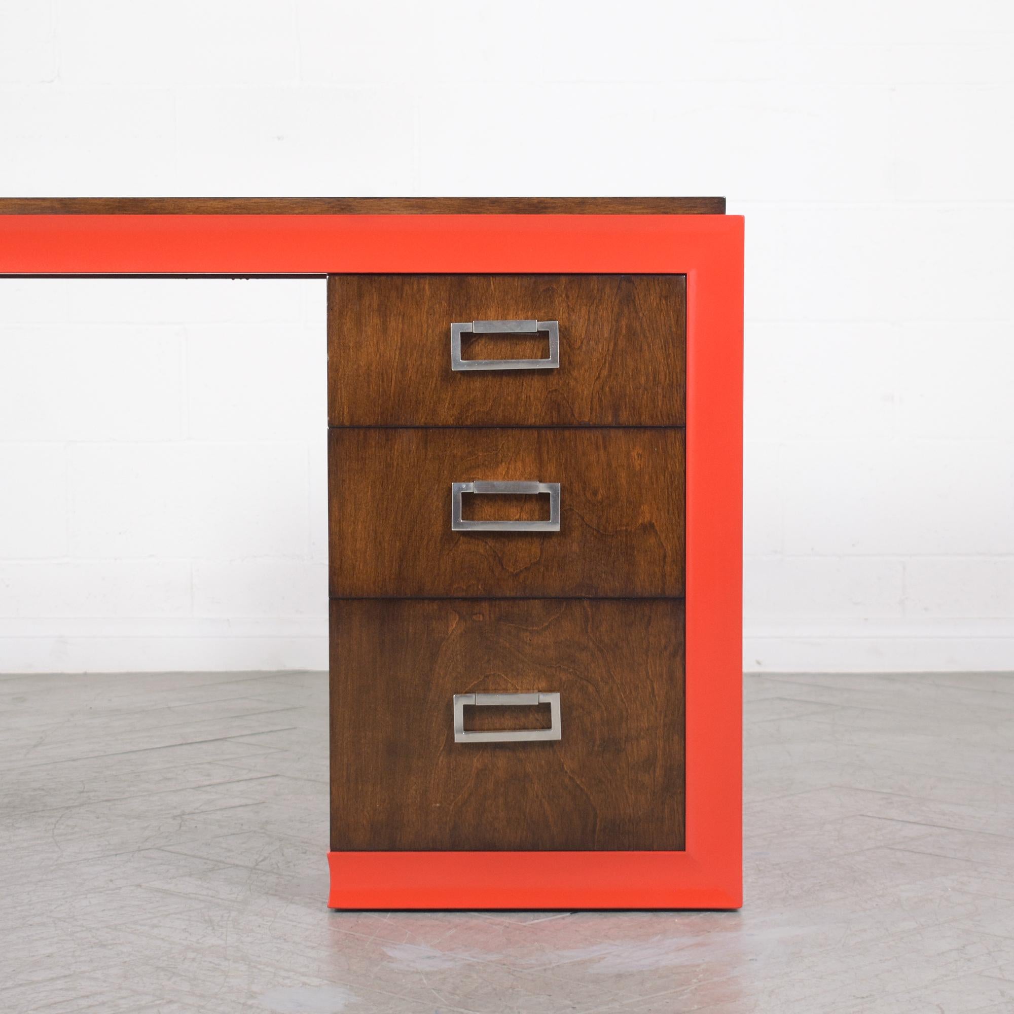1960s Mid-Century Modern Walnut Desk with Vibrant Red Lacquer Finish In Good Condition For Sale In Los Angeles, CA