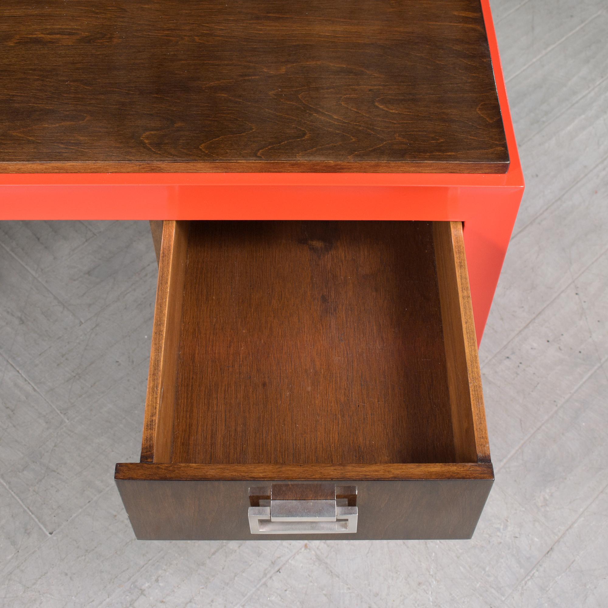 Metal 1960s Mid-Century Modern Walnut Desk with Vibrant Red Lacquer Finish For Sale