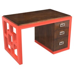 1960s Mid-Century Modern Walnut Desk with Vibrant Red Lacquer Finish