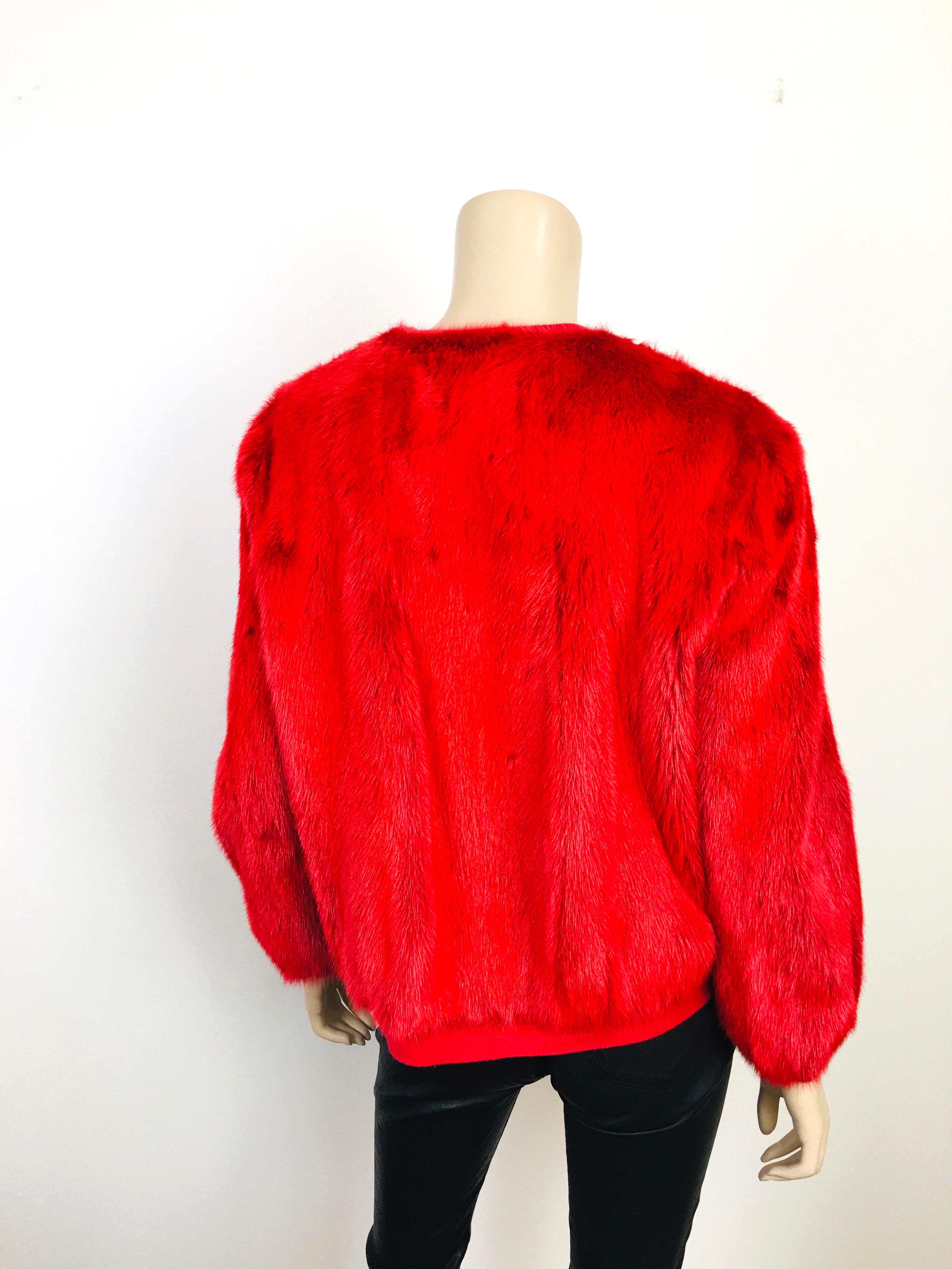 Vintage Red Mink Fur Bomber Style Sweater Jacket In Good Condition For Sale In Las Vegas, NV