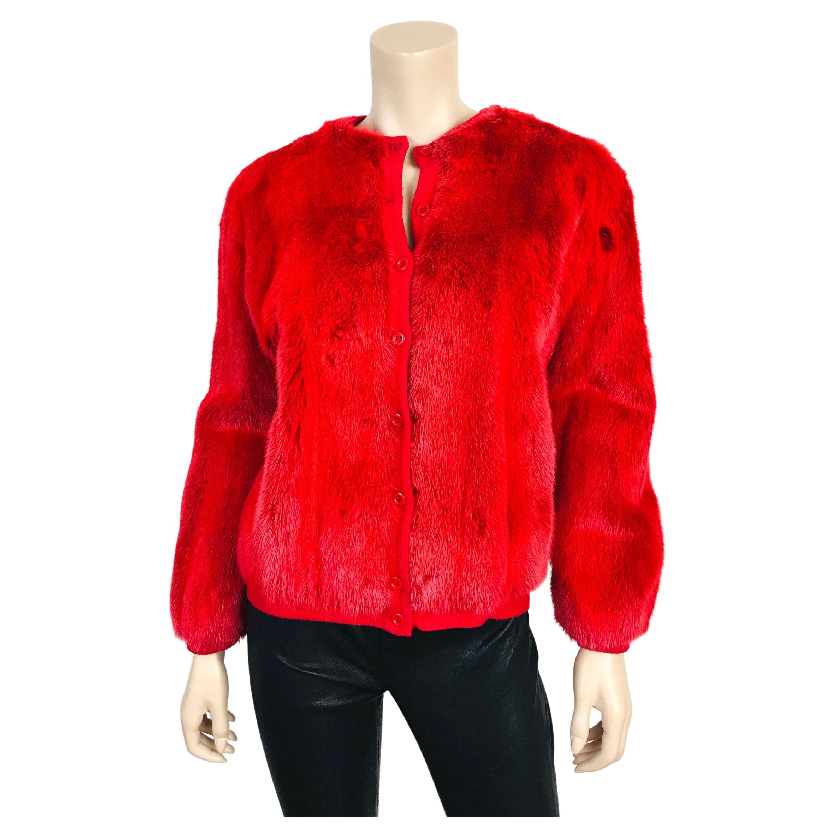Vintage Red Mink Fur Bomber Style Sweater Jacket For Sale
