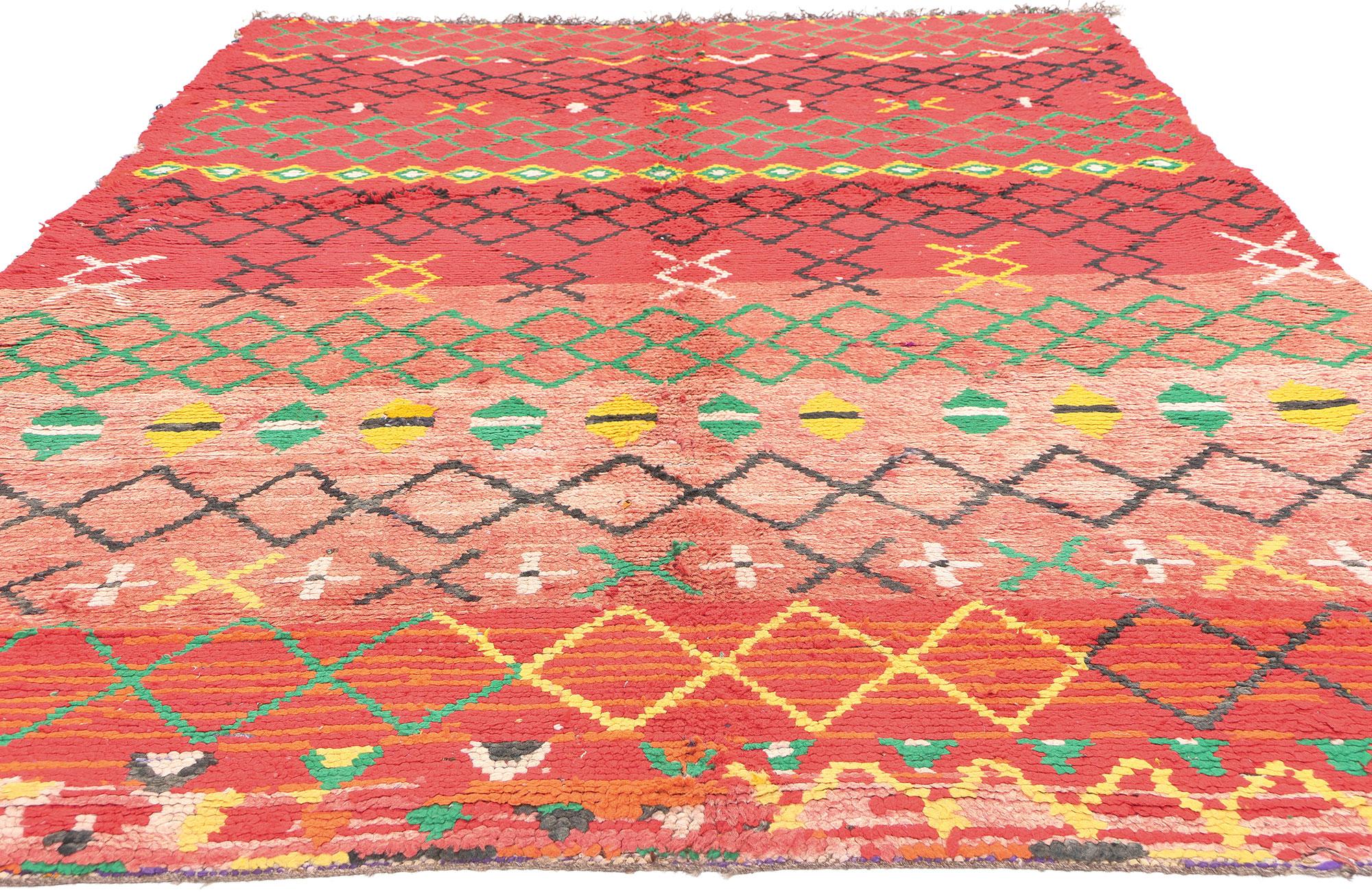 Hand-Knotted Vintage Red Moroccan Rag Rug, Tribal Enchantment Meets Bold Boho Chic For Sale