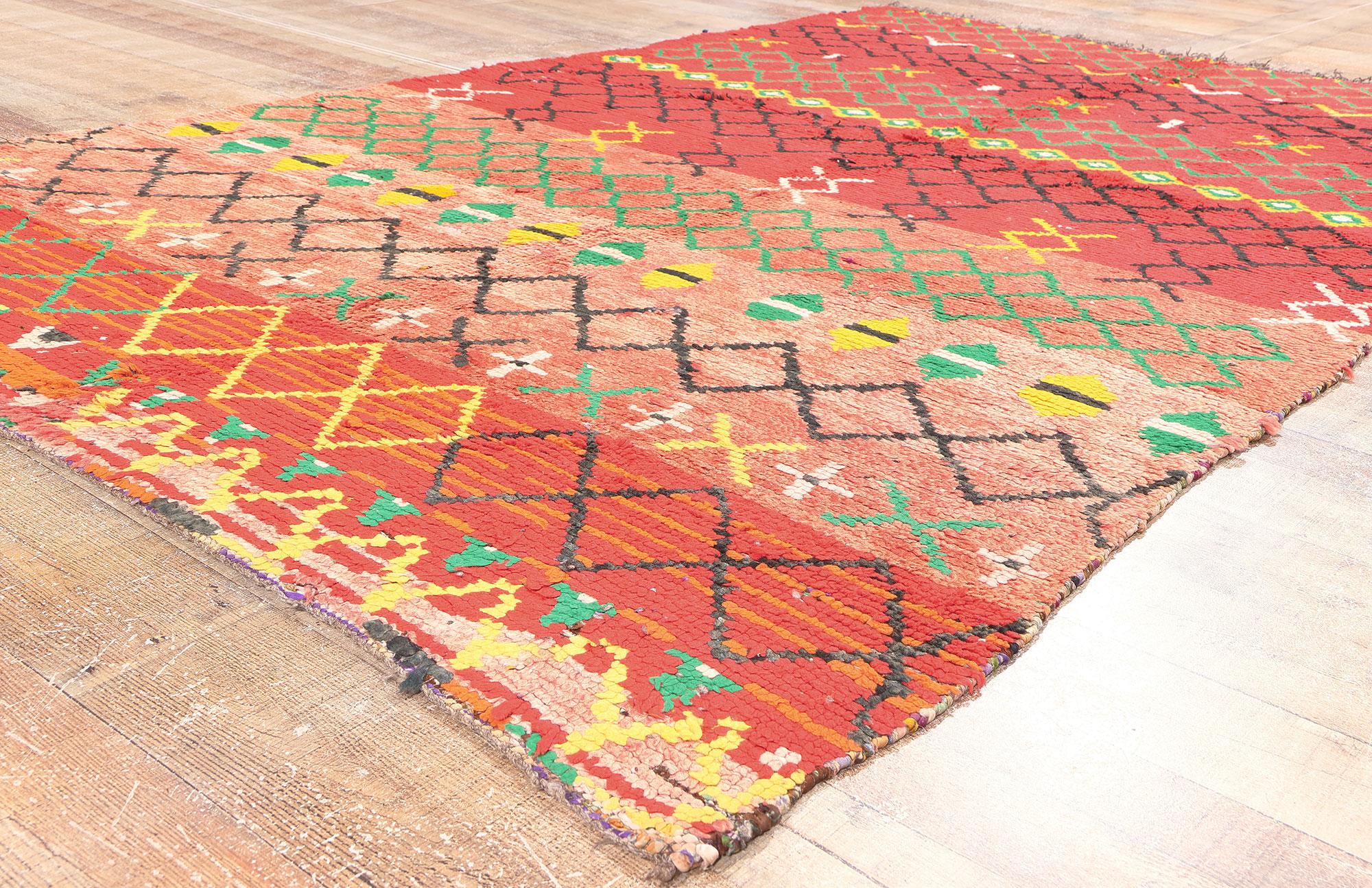 Vintage Red Moroccan Rag Rug, Tribal Enchantment Meets Bold Boho Chic For Sale 1