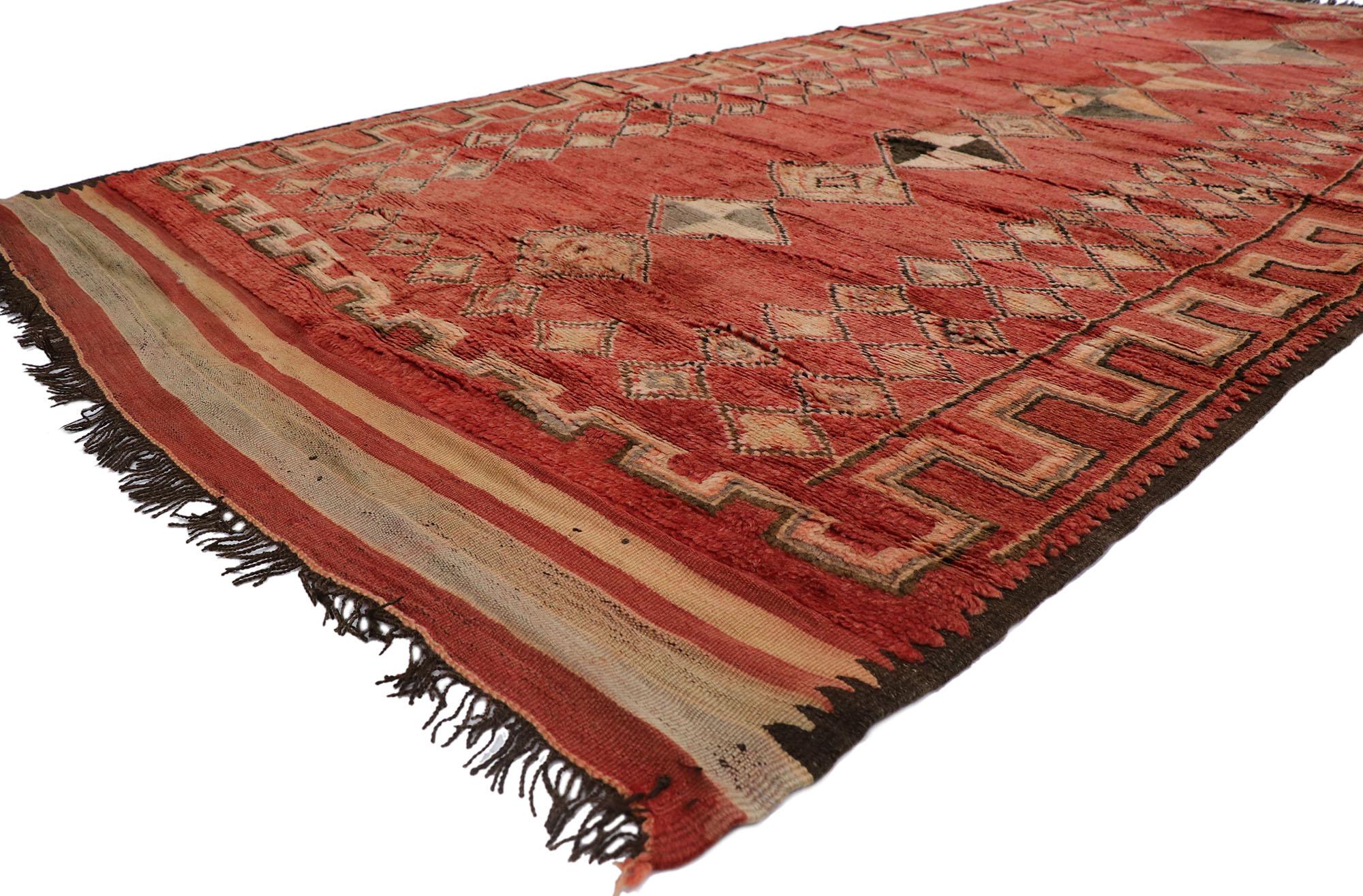21332 Vintage Red Taznakht Moroccan Rug, 05'11 x 13'00. Taznakht rugs originate from the Taznakht region in the High Atlas Mountains of Morocco and are renowned for their vibrant colors, intricate geometric patterns, and profound cultural