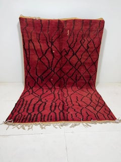 Vintage Red Moroccan Rug with Abstract Line Design
