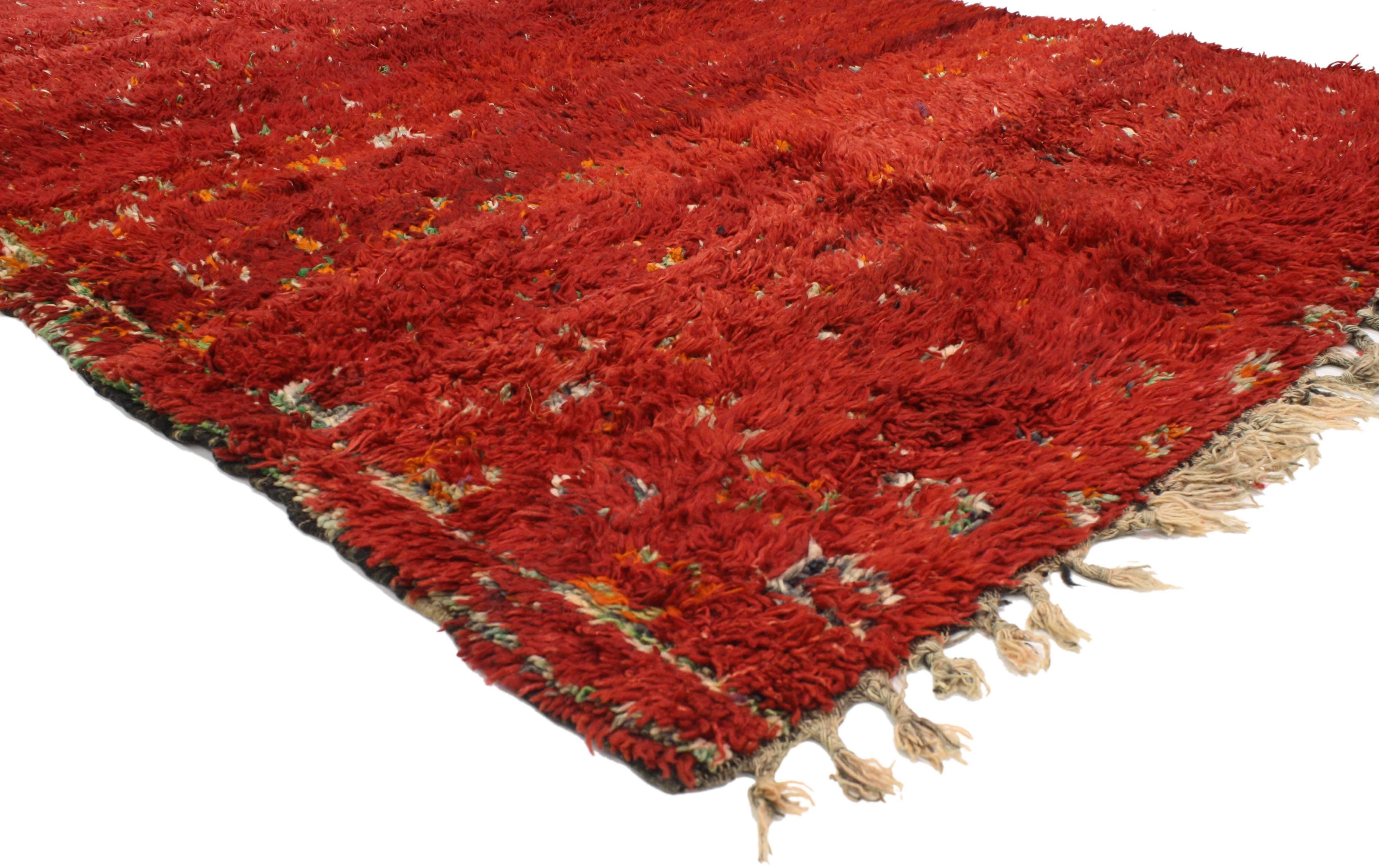 20636, vintage red Moroccan rug with Expressionist style Inspired by Robert Delaunay. This hand knotted wool vintage Berber Moroccan rug features an all-over geometric pattern of square-like motifs spread across the abrashed red field. Though