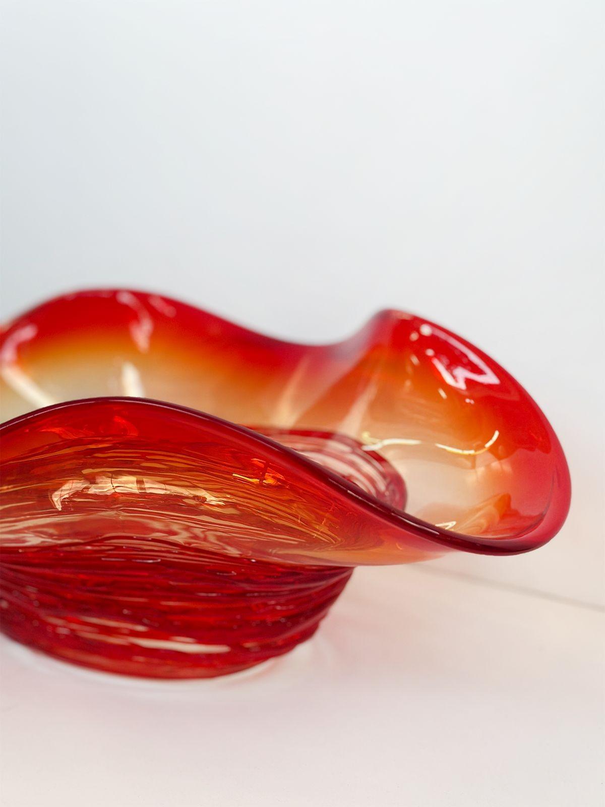 Italian Vintage Red Murano Ruffled Glass Bowl by Camozzo For Sale