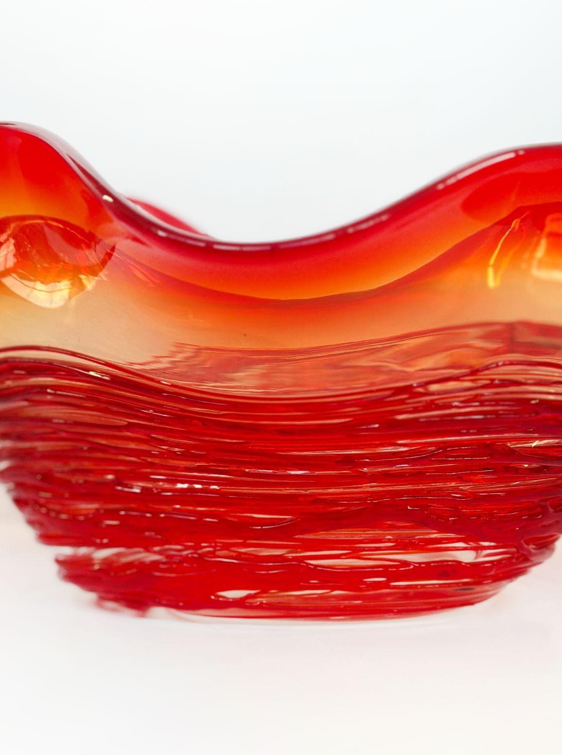 Vintage Red Murano Ruffled Glass Bowl by Camozzo In Good Condition For Sale In Los Angeles, CA