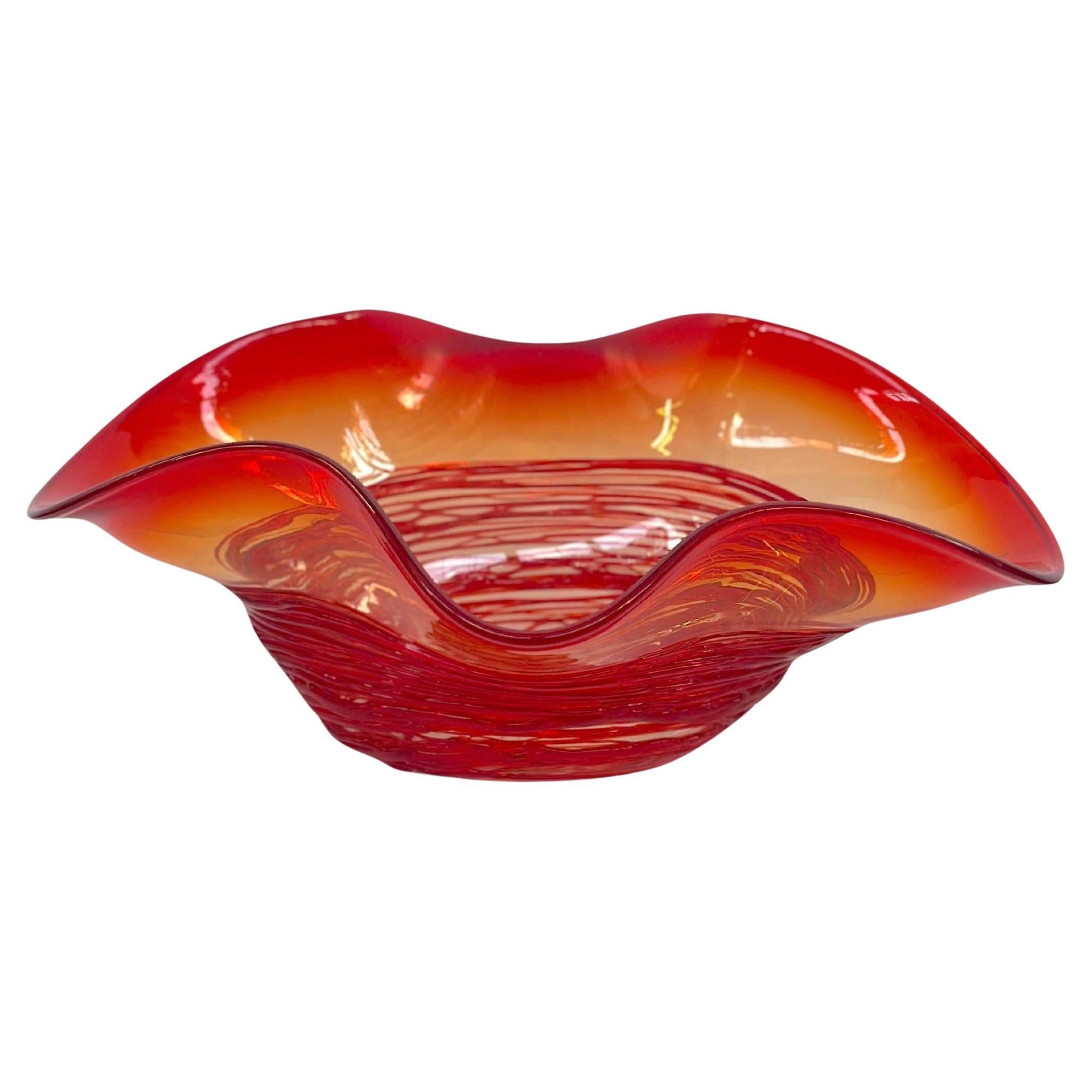 Vintage Red Murano Ruffled Glass Bowl by Camozzo For Sale