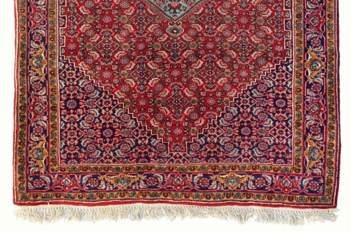 Hand-Knotted Vintage Red Navy Blue Tribal Geometric Persian Bijar Small Rug For Sale