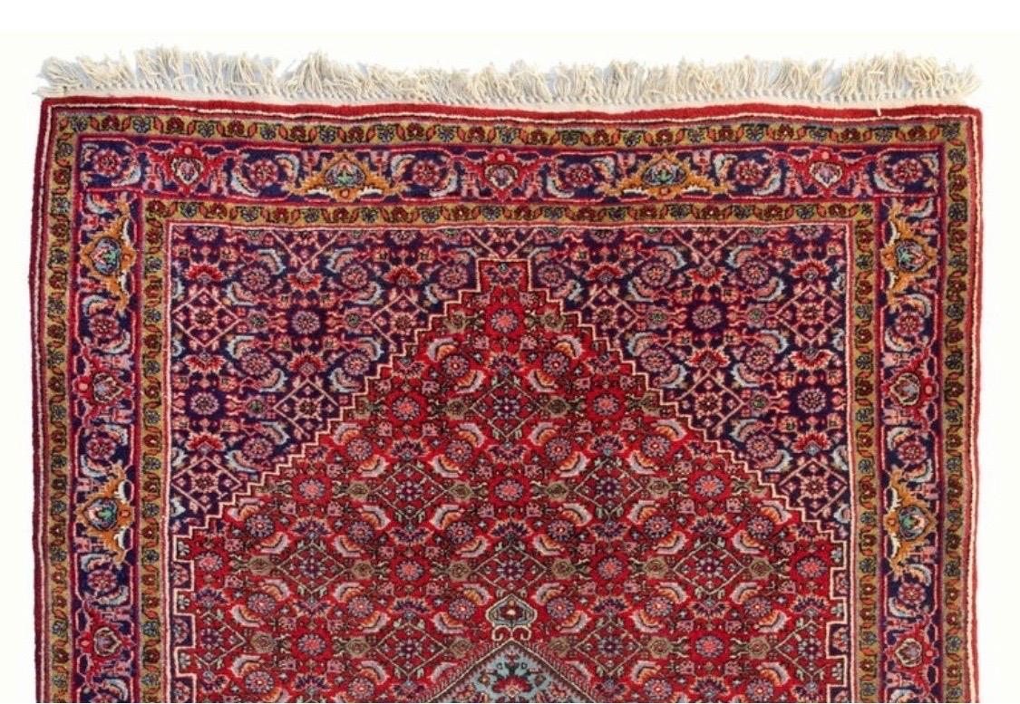 Vintage Red Navy Blue Tribal Geometric Persian Bijar Small Rug In Good Condition For Sale In New York, NY