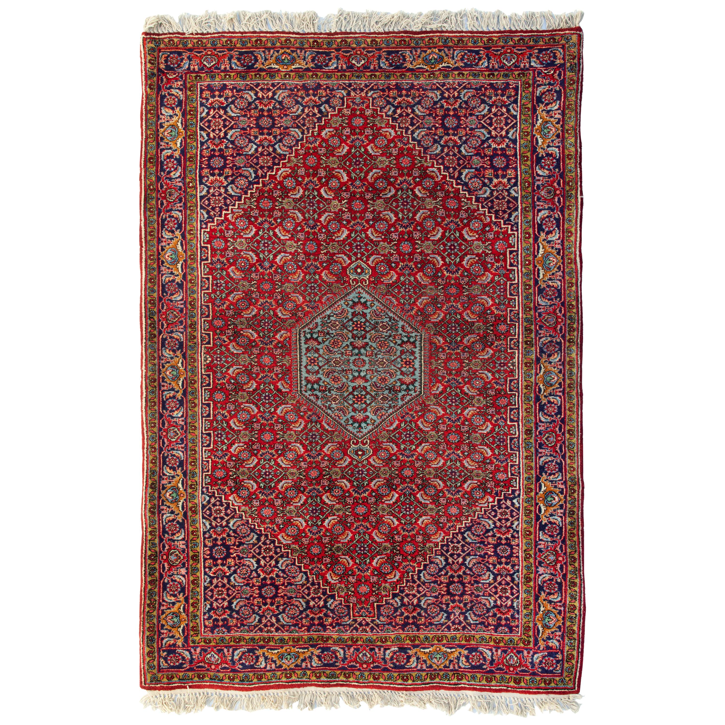 Geometrischer persischer Bijar-Teppich mit Stammesmotiv in Rot, Marineblau