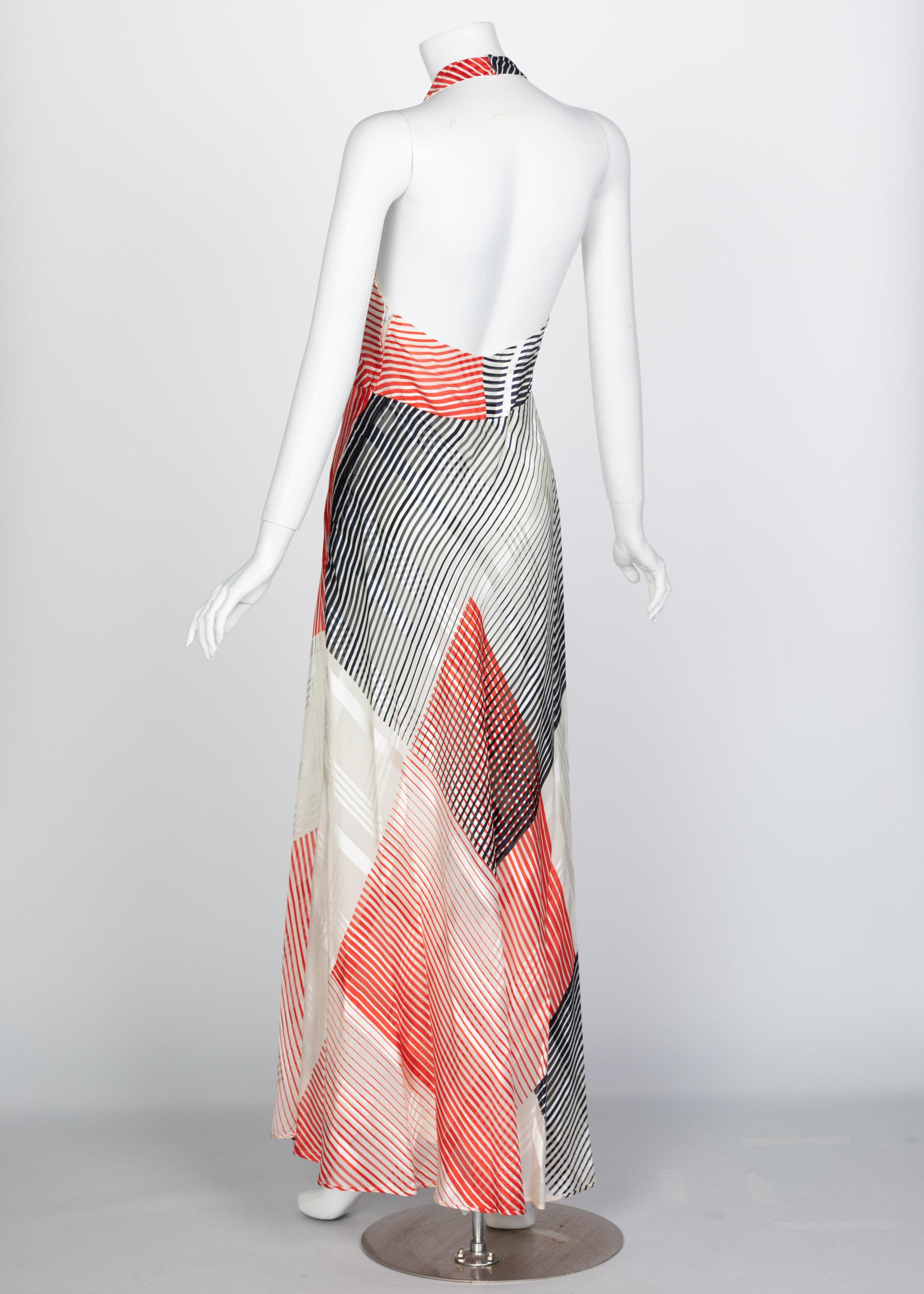 Vintage Red Navy Creme Striped Silk Halter Gown Feather Shawl, 1970s For Sale 1