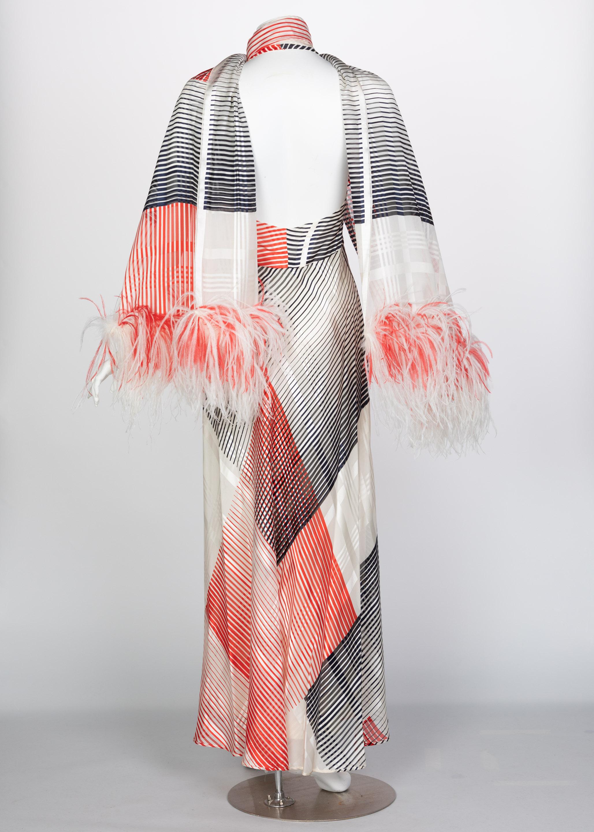 Vintage Red Navy Creme Striped Silk Halter Gown Feather Shawl, 1970s 1